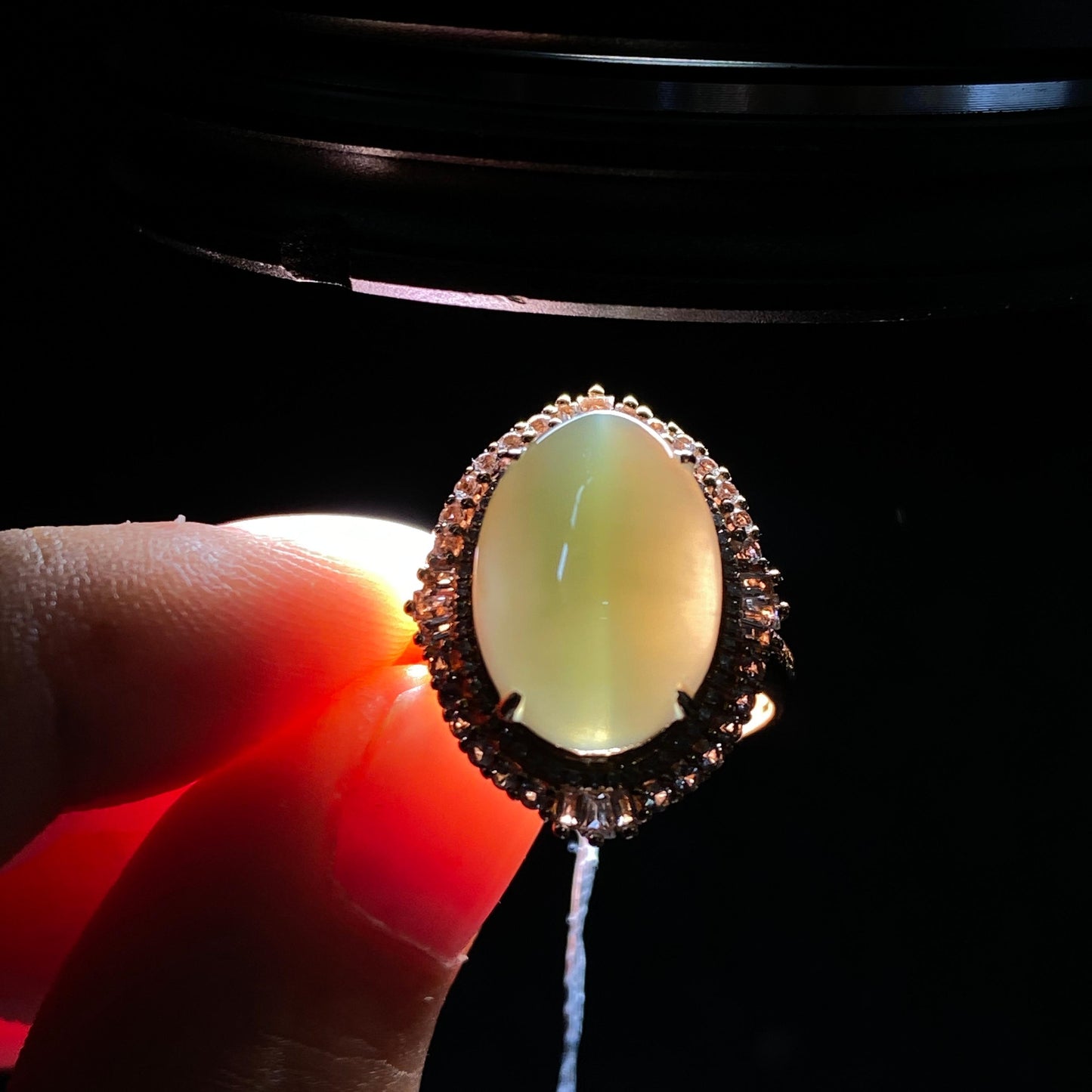和田玉18k金碧玉猫眼钻石戒指(4.4g)