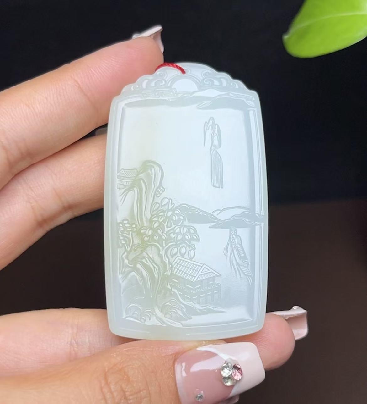 新疆和田玉且末糖白羊脂玉文殊菩萨山水牌(41.9g)