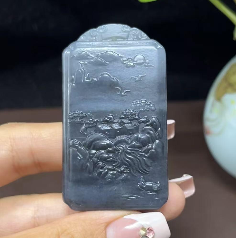 和田玉意境青花山水牌(44.7g)