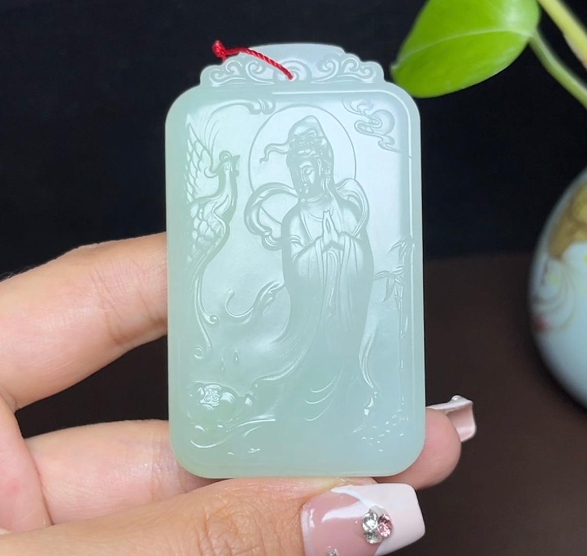 和田玉带翠羊脂玉凤凰观音山水龙牌挂件(66.5g)