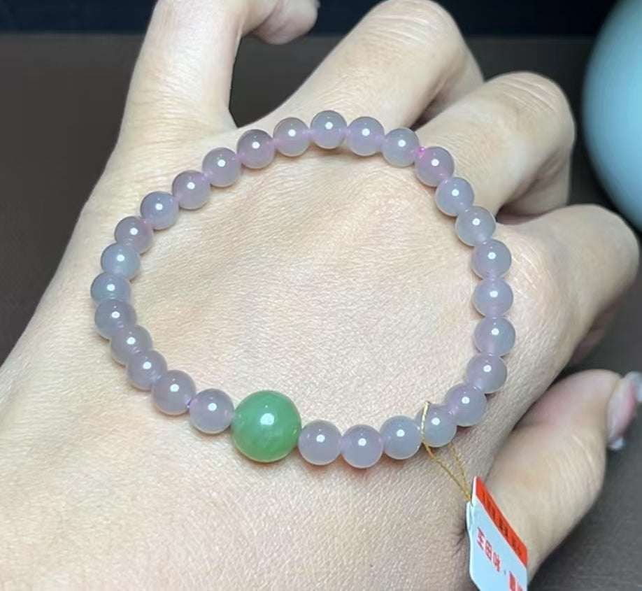 和田玉紫罗兰带碧玉圆珠手串