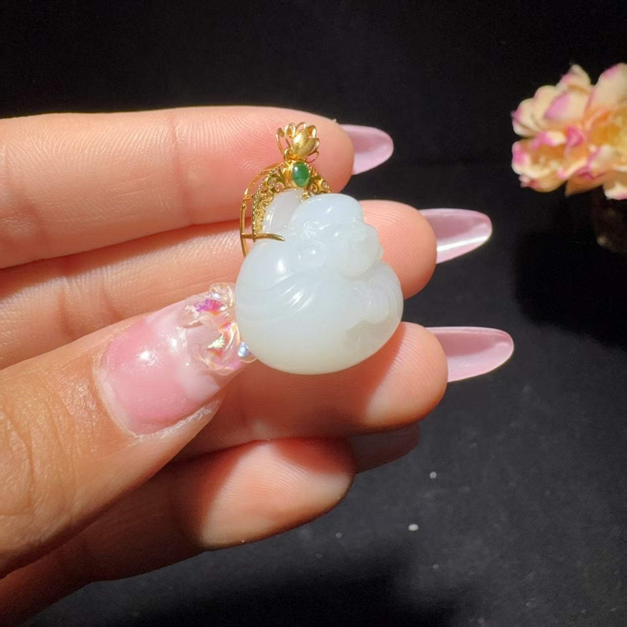 和田玉白玉金镶玉佛公