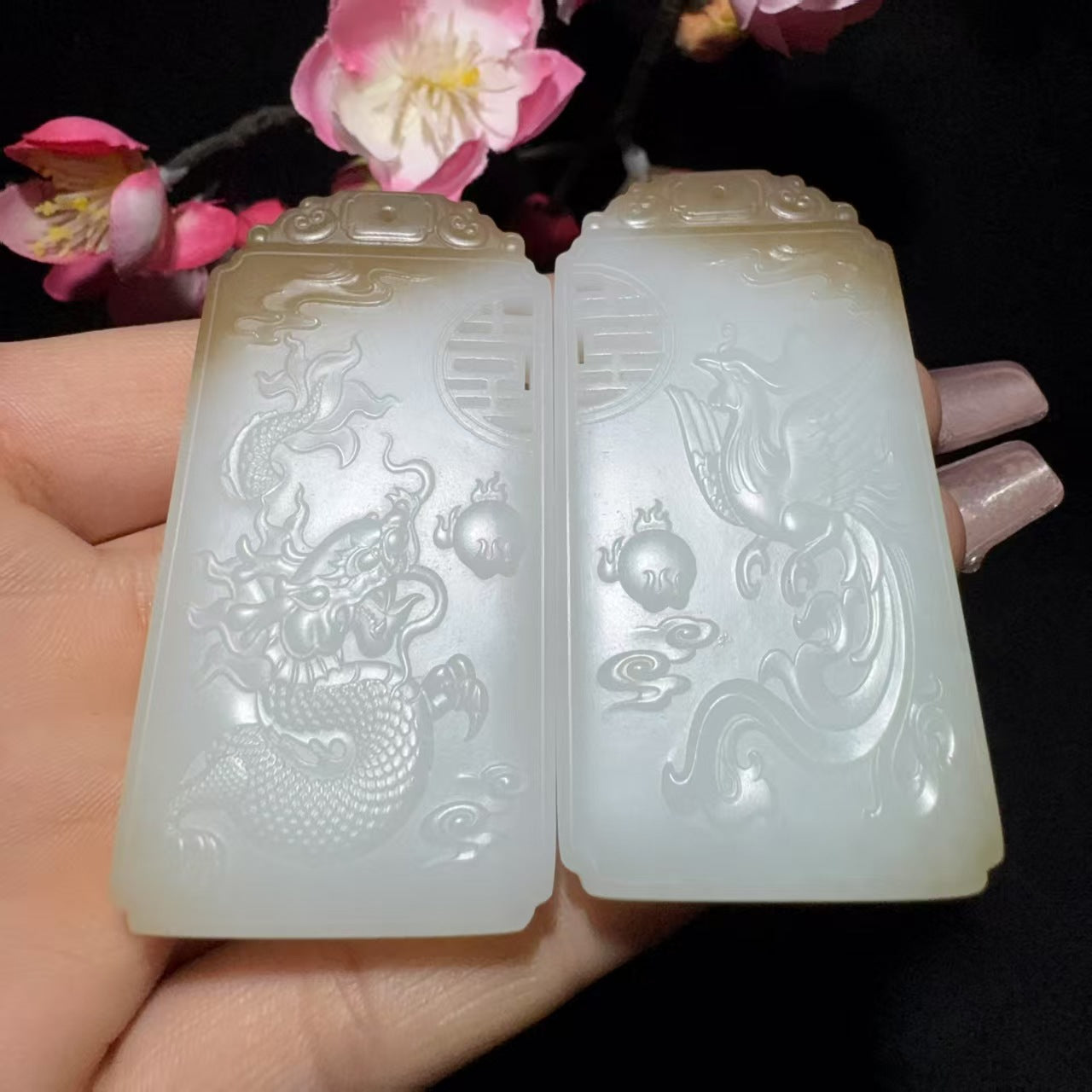 和田玉糖白玉龙凤对牌