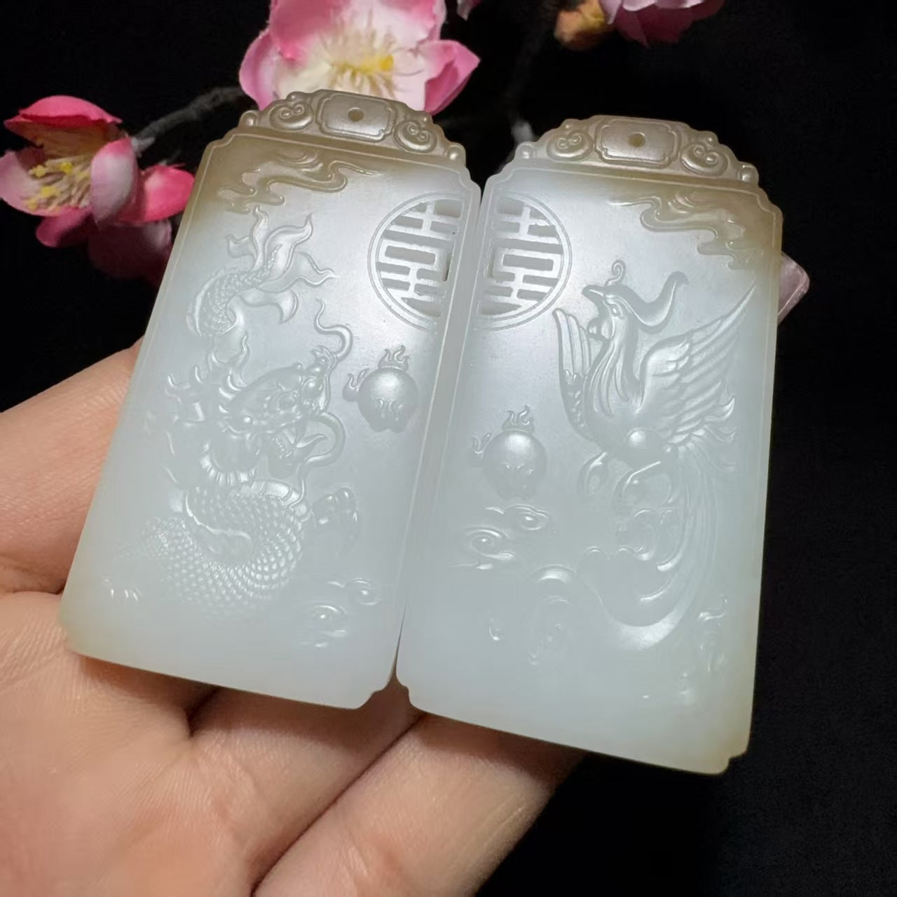 和田玉糖白玉龙凤对牌