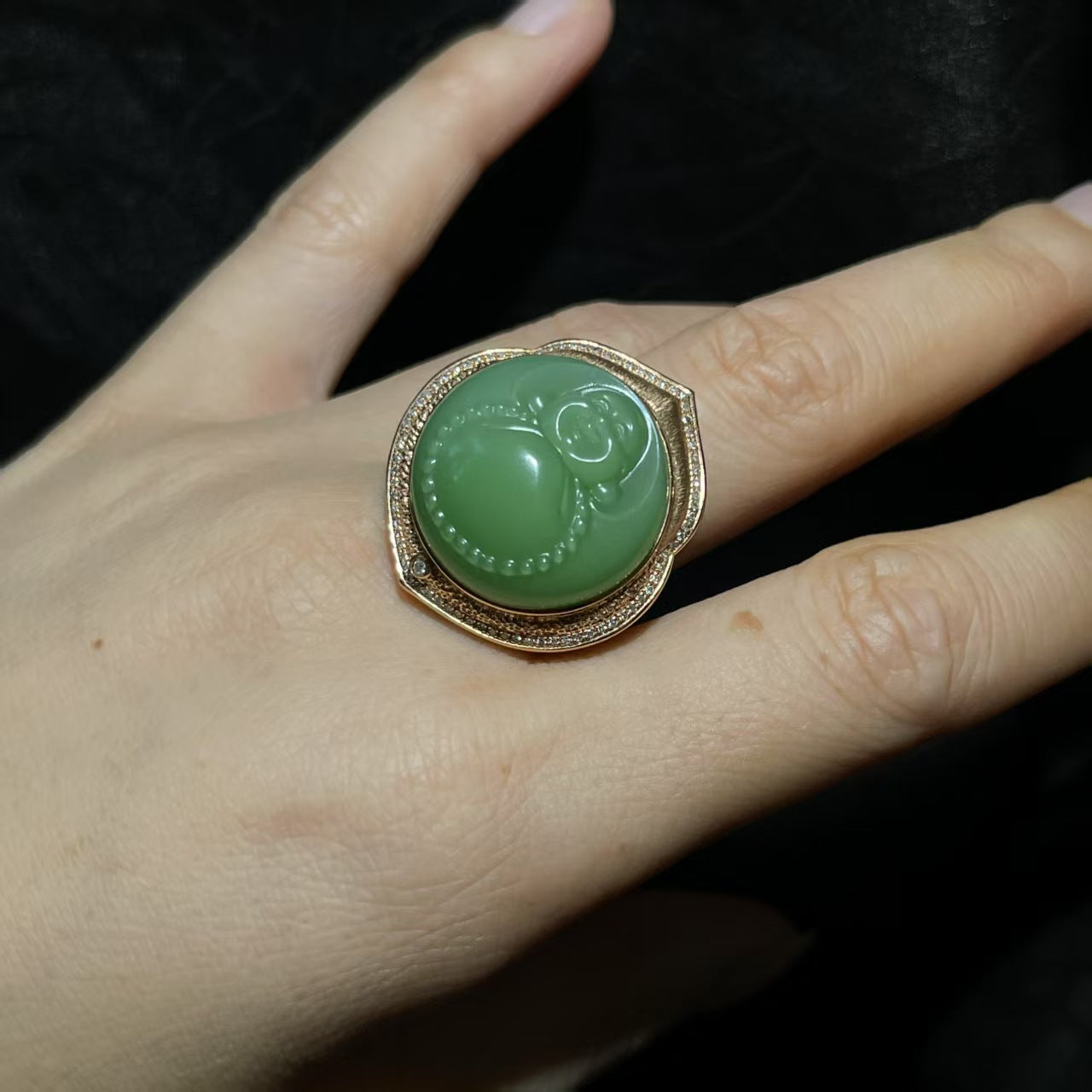和田玉碧玉粉绿佛金镶戒指(吊坠两戴)