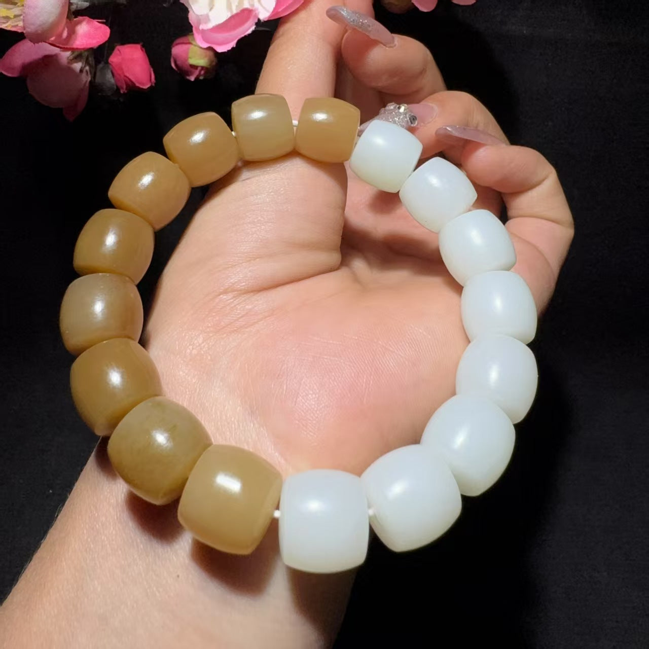和田玉糖白直切珠手串