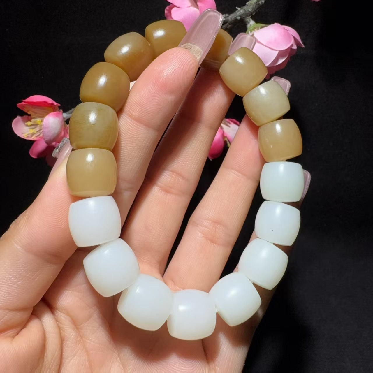 和田玉糖白直切珠手串