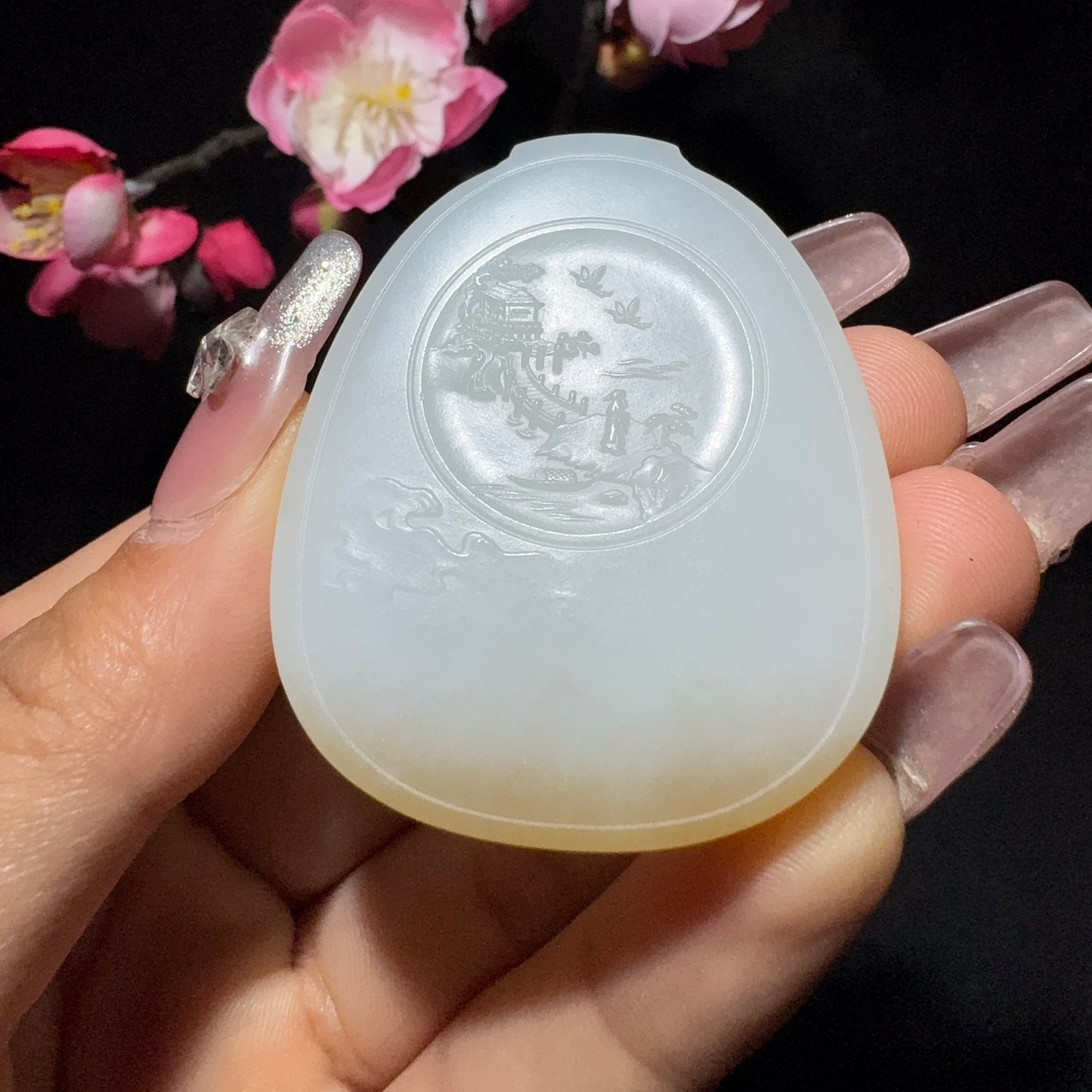 和田玉糖白玉观音牌挂件