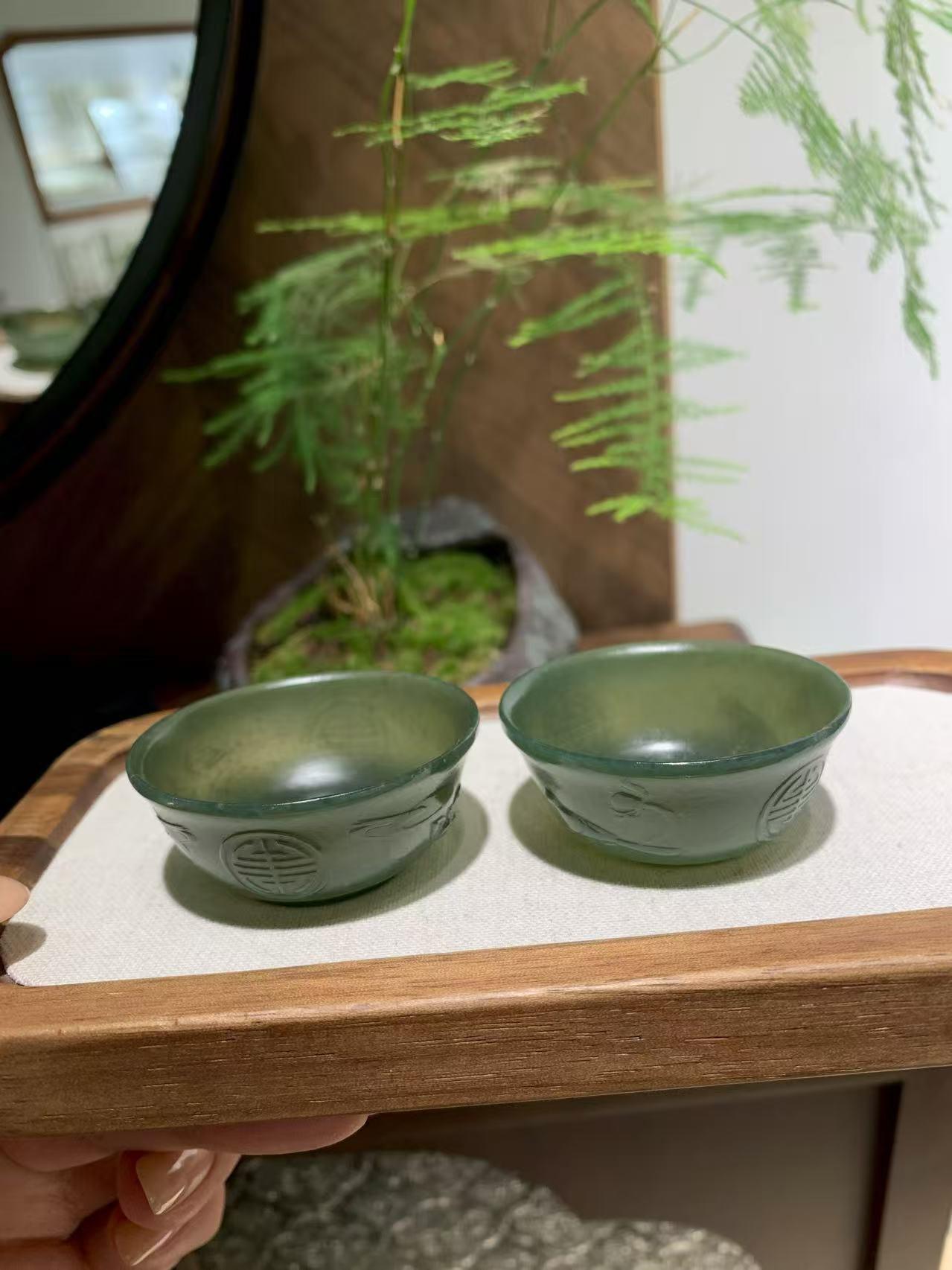 和田玉青玉茶杯【一对】(33.3g)