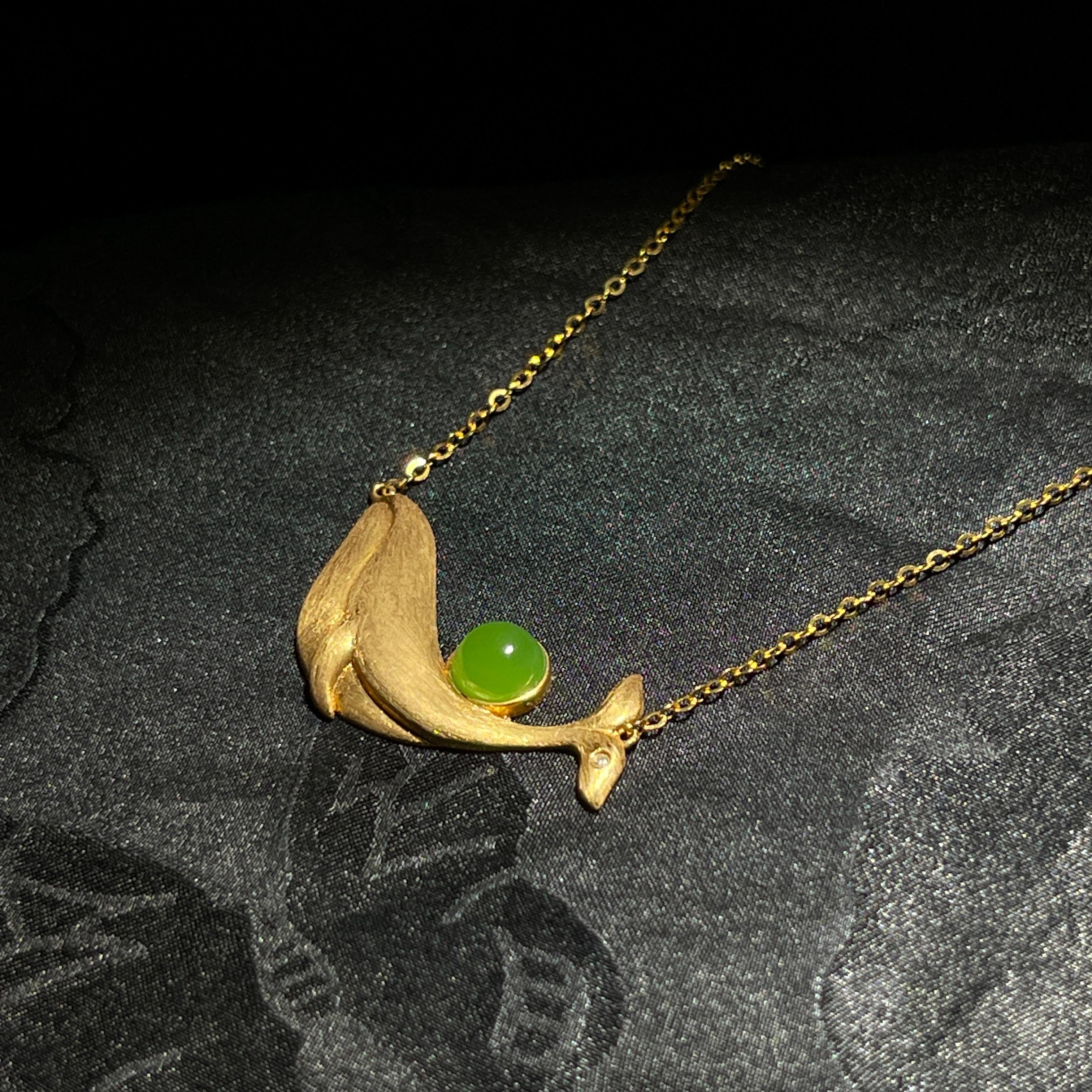和田玉碧玉苹果绿金镶鲸鱼锁骨链(g)