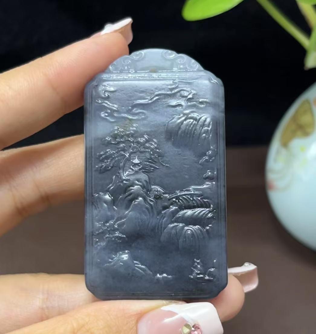 和田玉意境青花山水牌(44.7g)