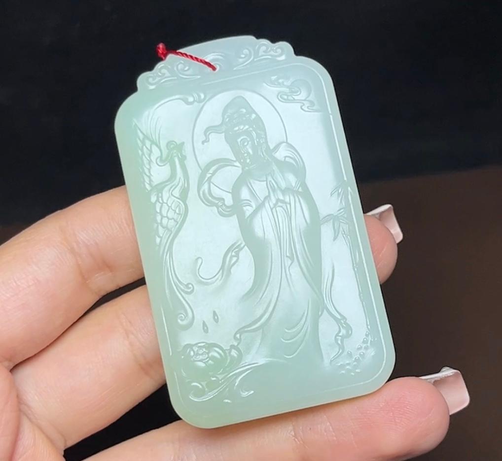 和田玉带翠羊脂玉凤凰观音山水龙牌挂件(66.5g)