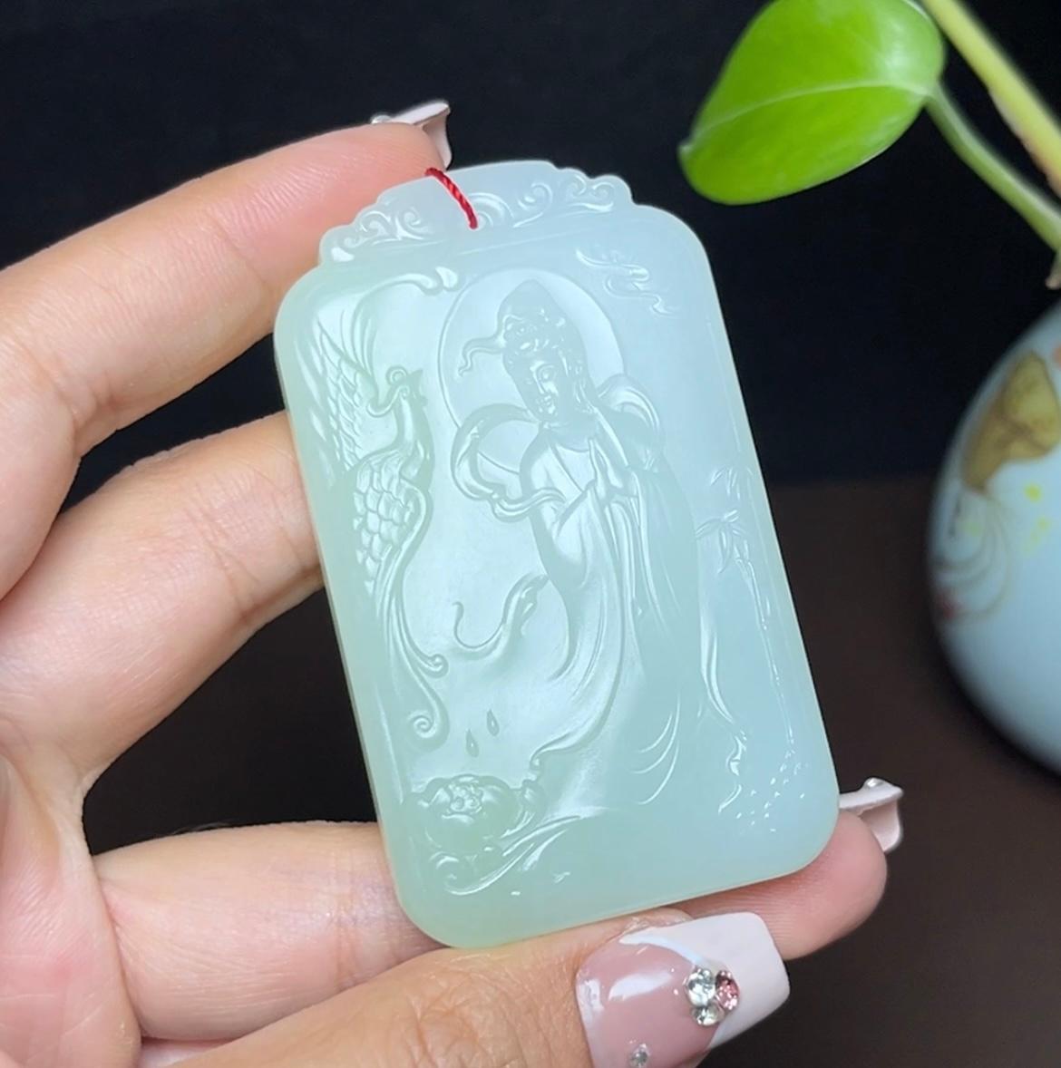 和田玉带翠羊脂玉凤凰观音山水龙牌挂件(66.5g)