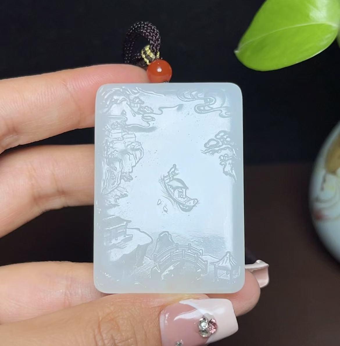 和田羊脂玉观音山水牌(60.7g)