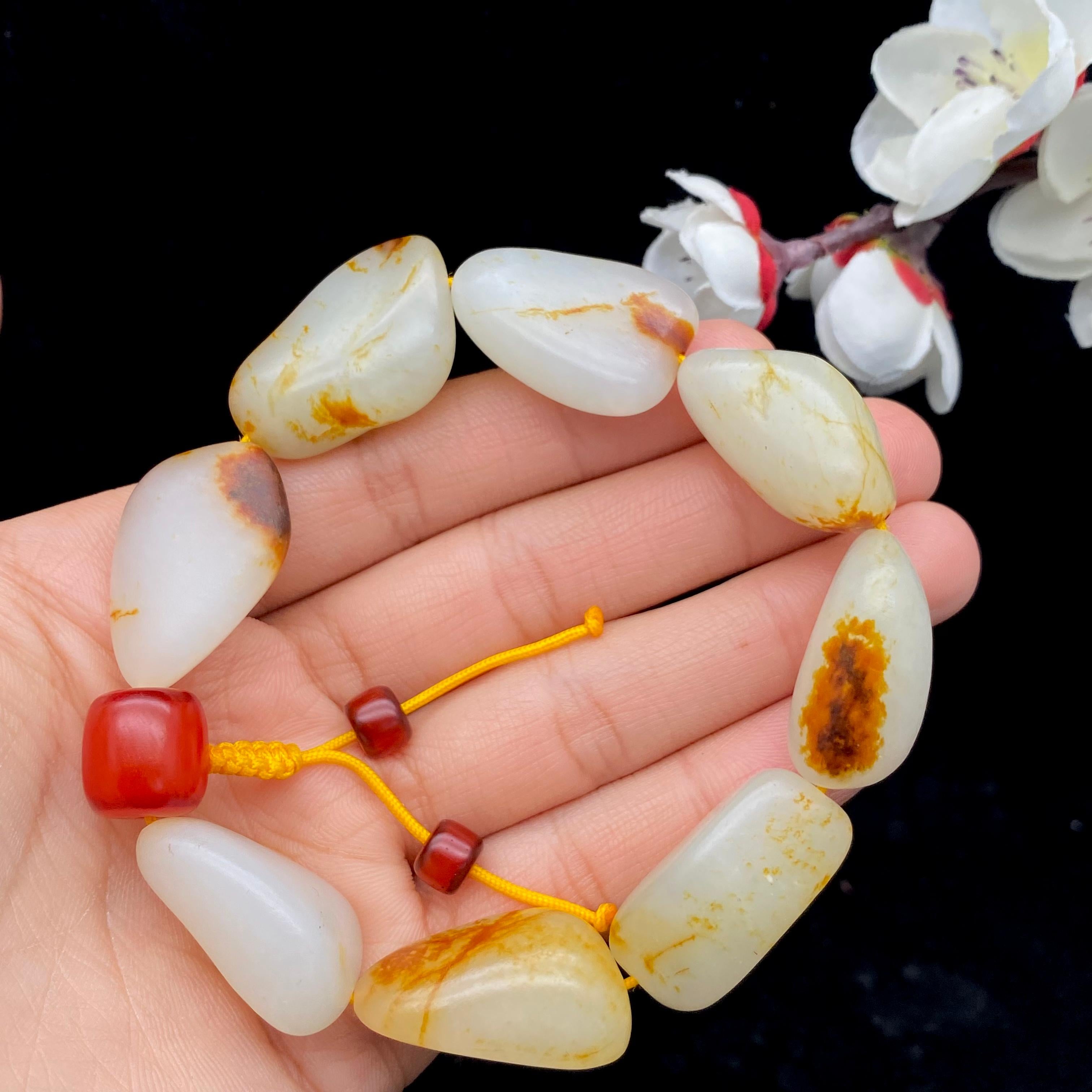 旧蔵 清 玉彫 和田玉 如意紋 手串 玉質温潤 極細工