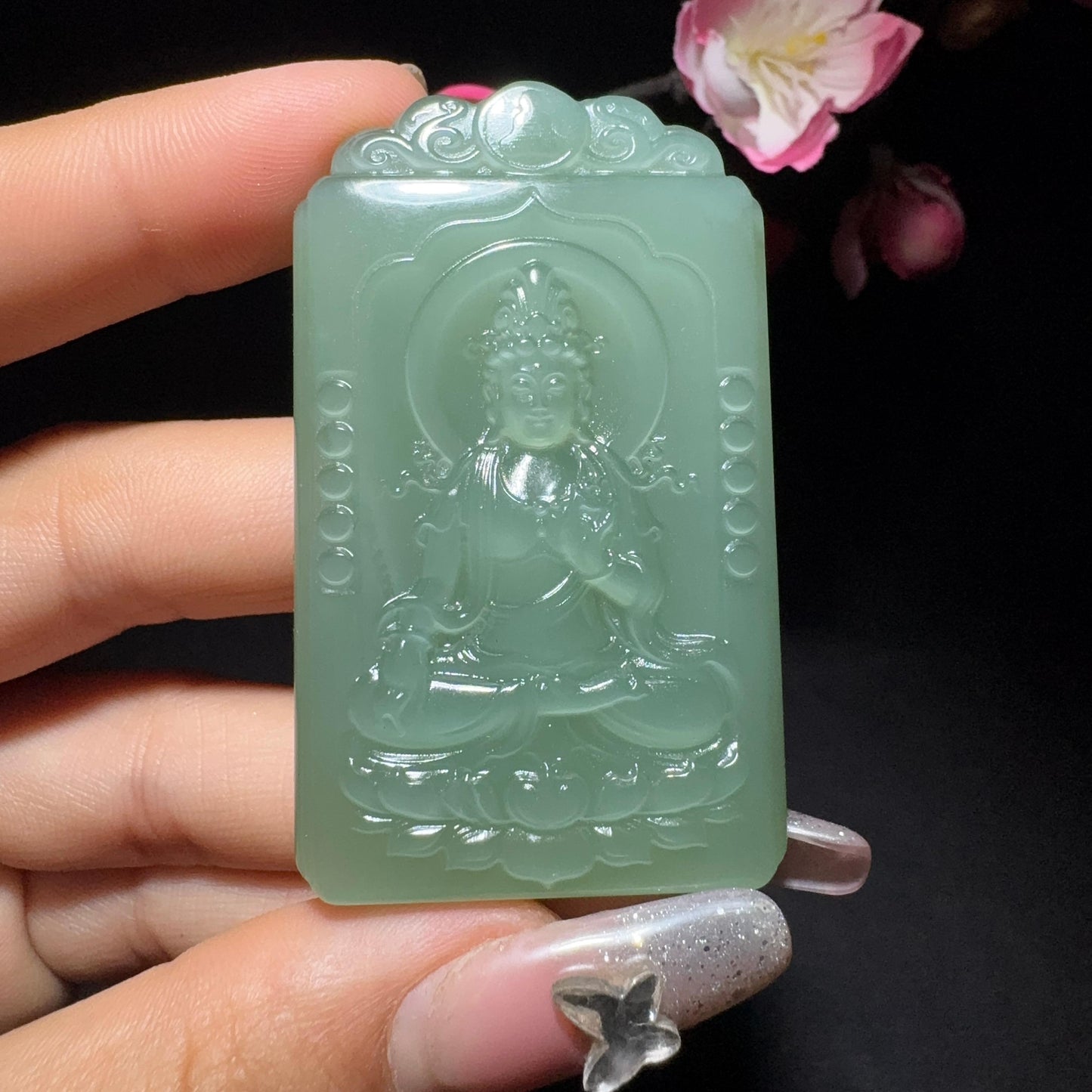和田玉碧玉观音牌子挂件(50.6g)
