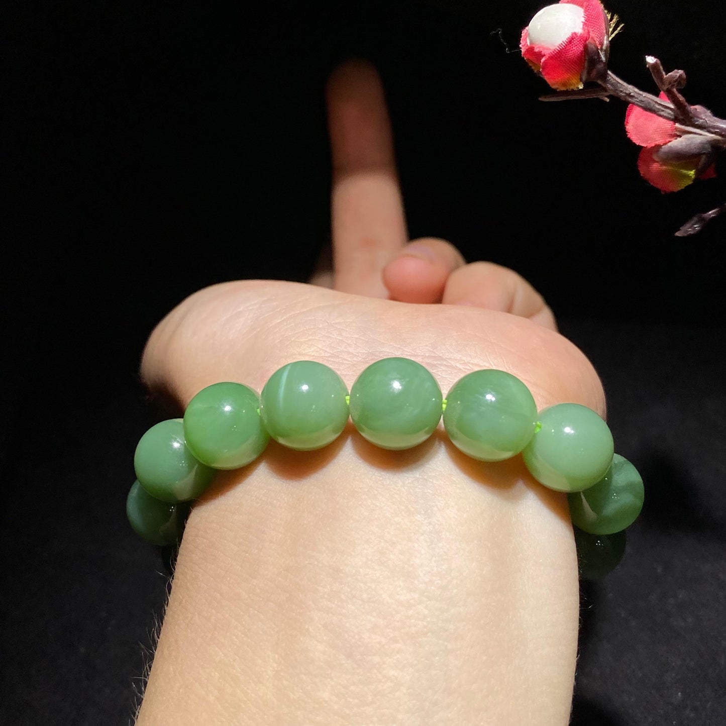 精品碧玉粉青猫眼手串(45.9g)