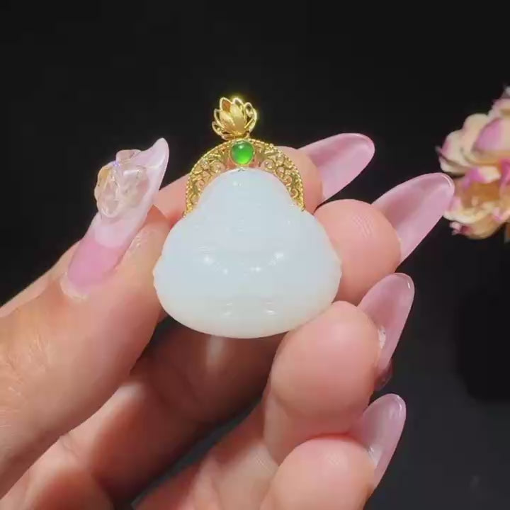 和田玉白玉金镶玉佛公