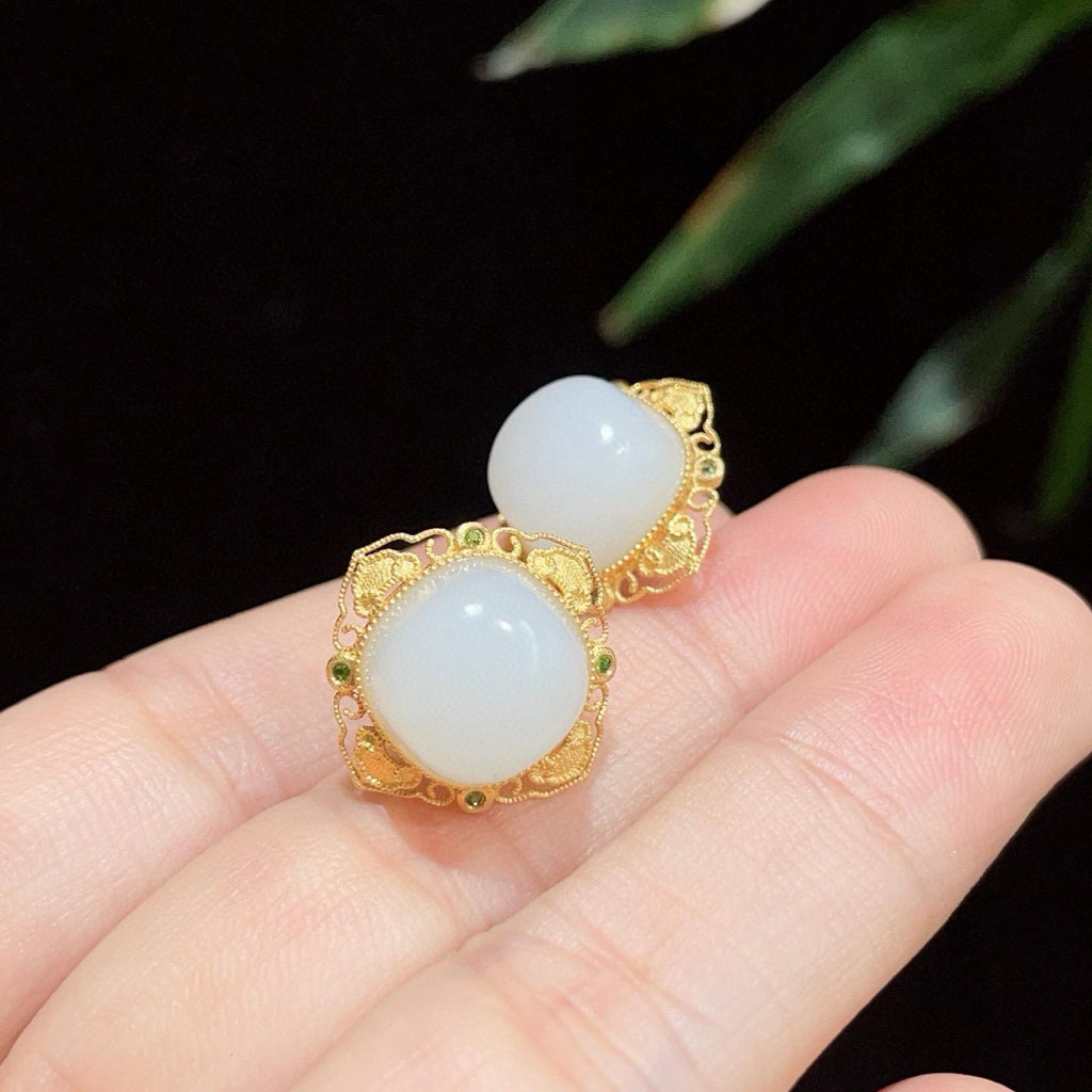 18k金羊脂白玉耳钉00861465（4.3g）