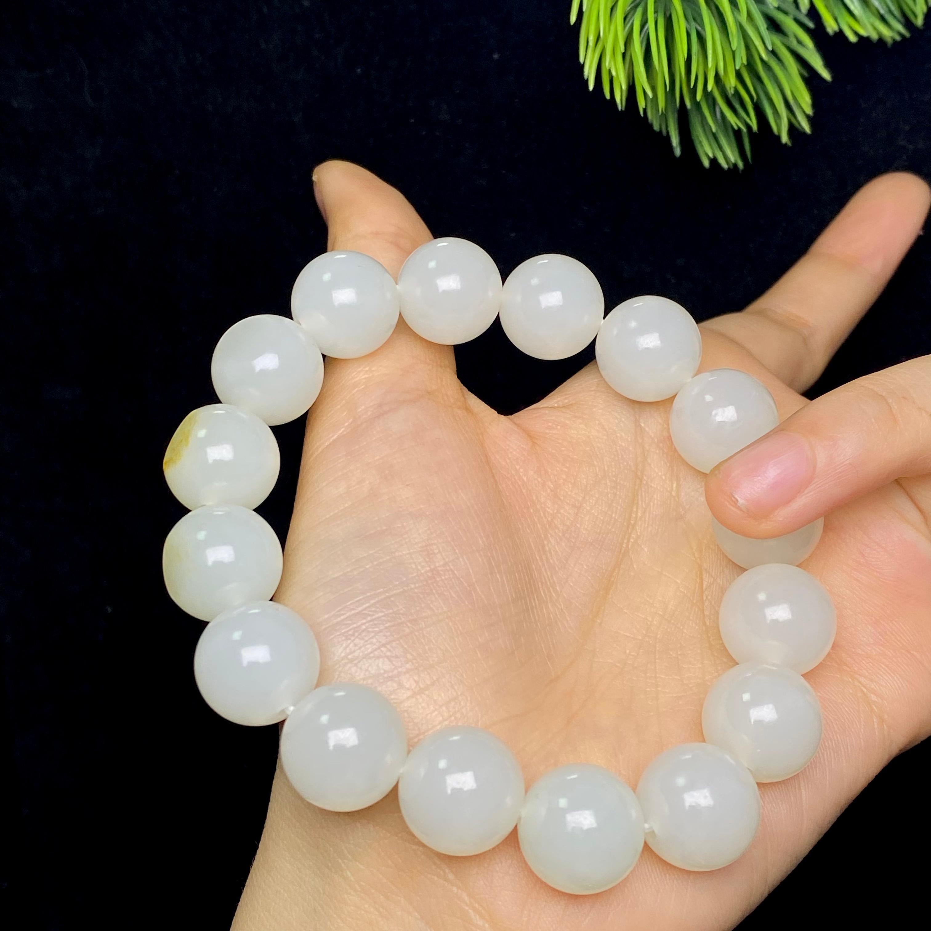 和田玉籽料白玉圆珠手串（67.0g）