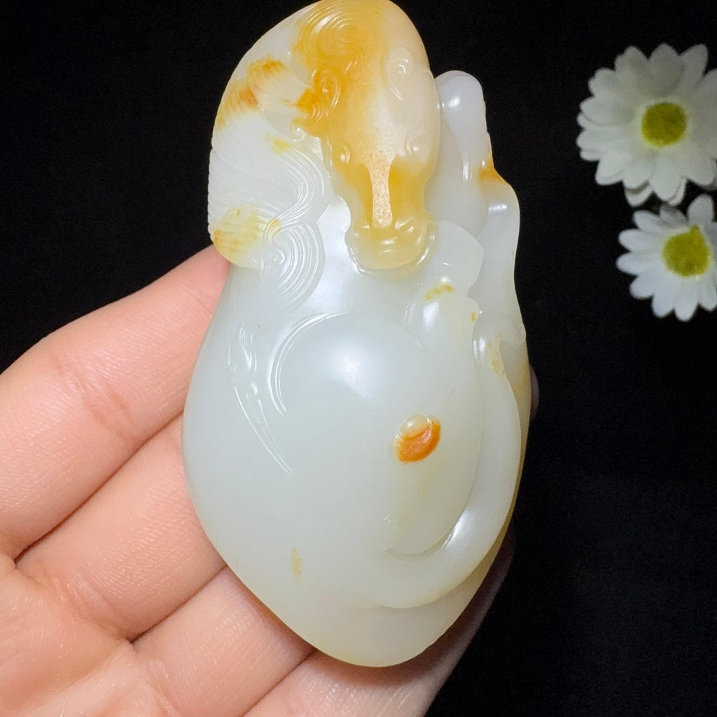 和田玉籽料羊脂白玉手把件马上发财（98.1g）