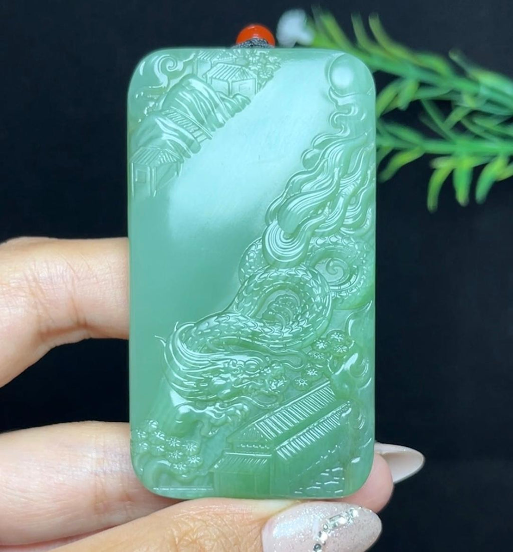和田玉碧玉粉青猫眼御龙山水牌（75.3g）