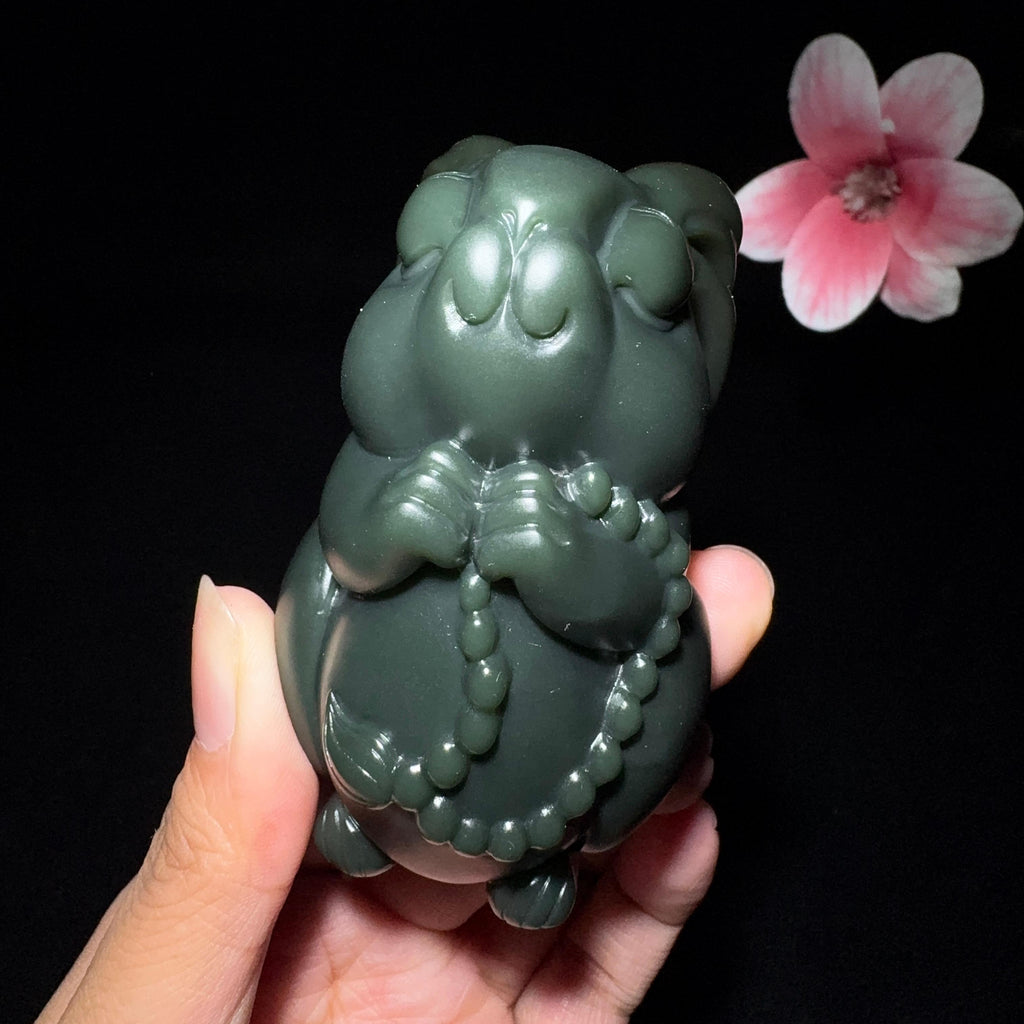 和田玉沙枣青兔子手把件（264.5g）