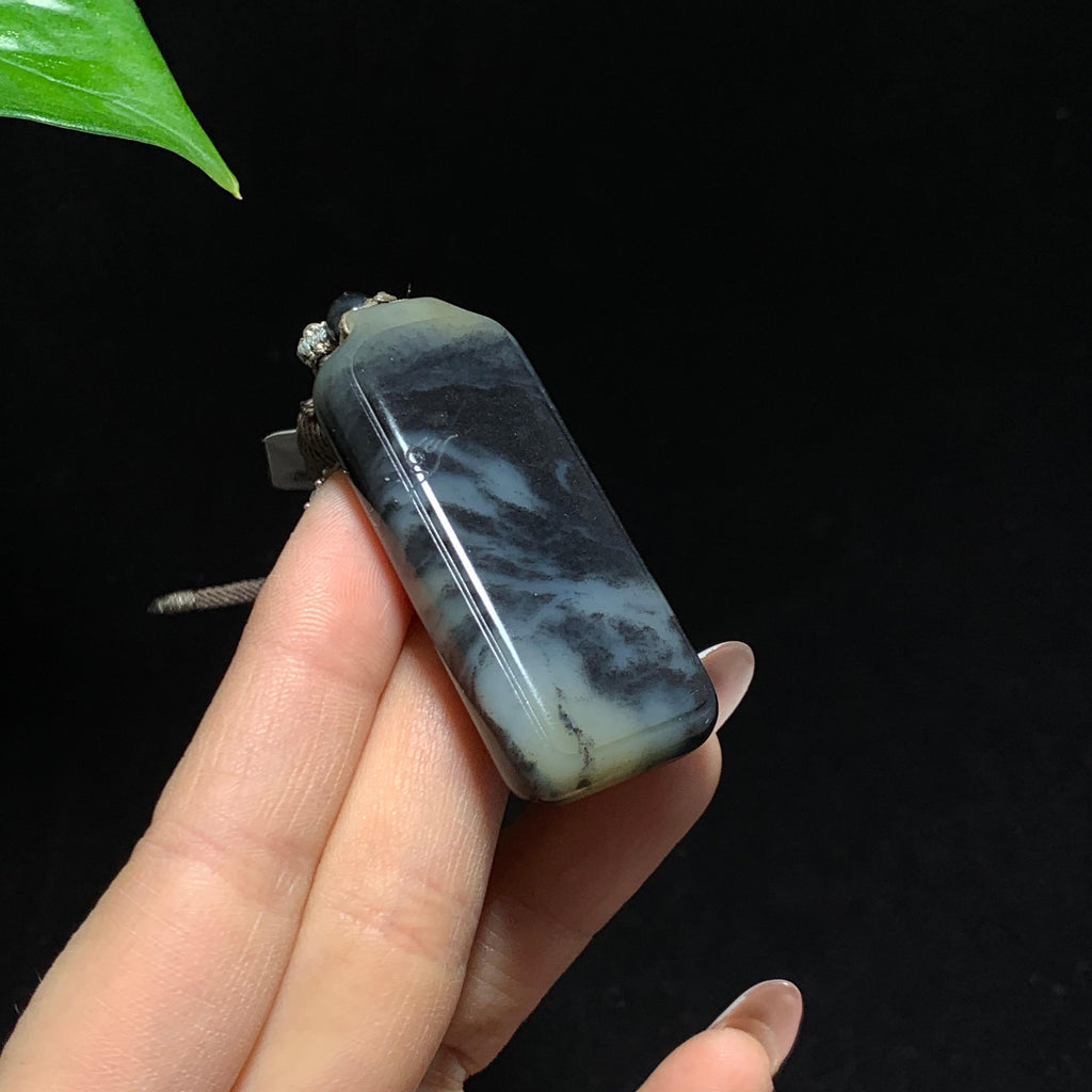 和田籽料糖青花三色无事牌挂件（36.2g）