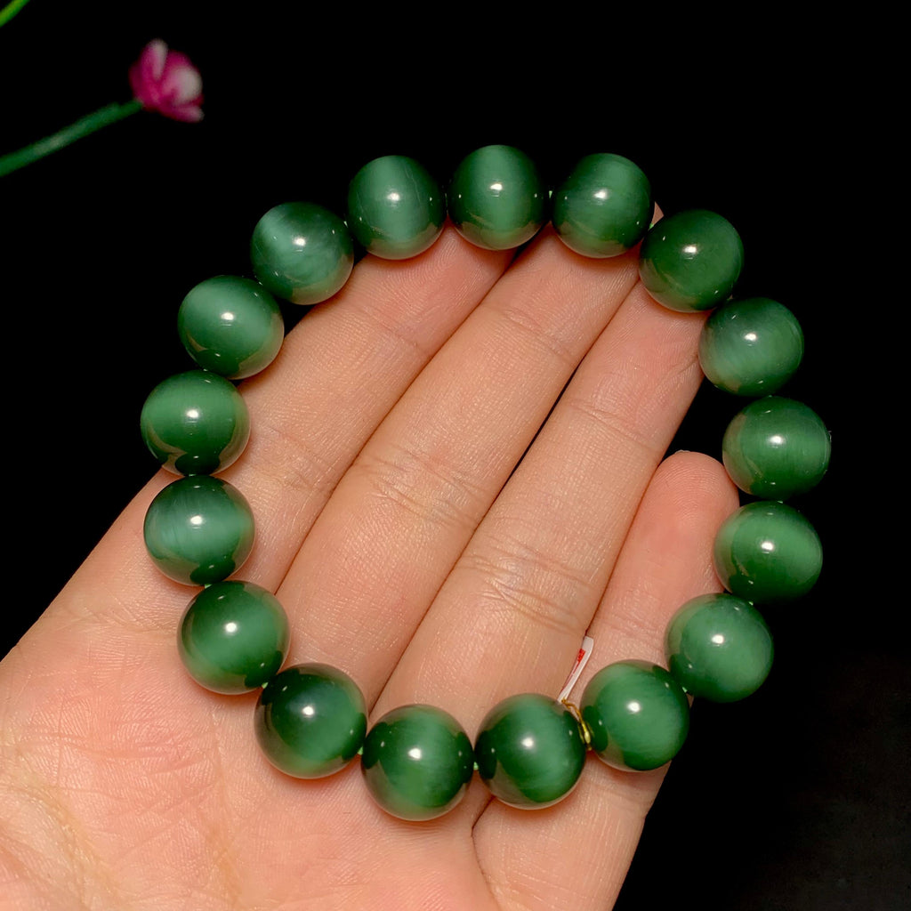 高品质碧玉黑猫眼圆珠手串（47.0g）