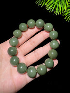 和田玉山料沙枣青圆珠手串（63.6g）