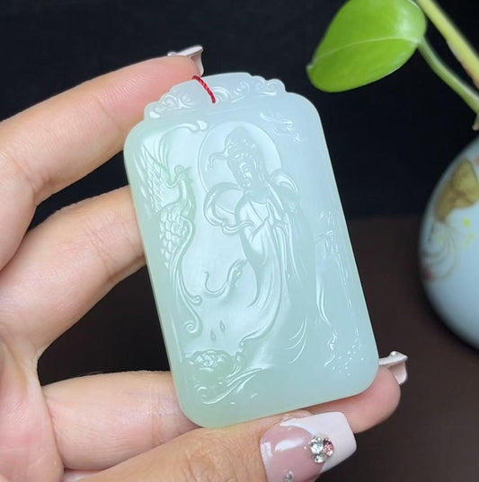 和田玉带翠羊脂玉凤凰观音山水龙牌（66.4g）