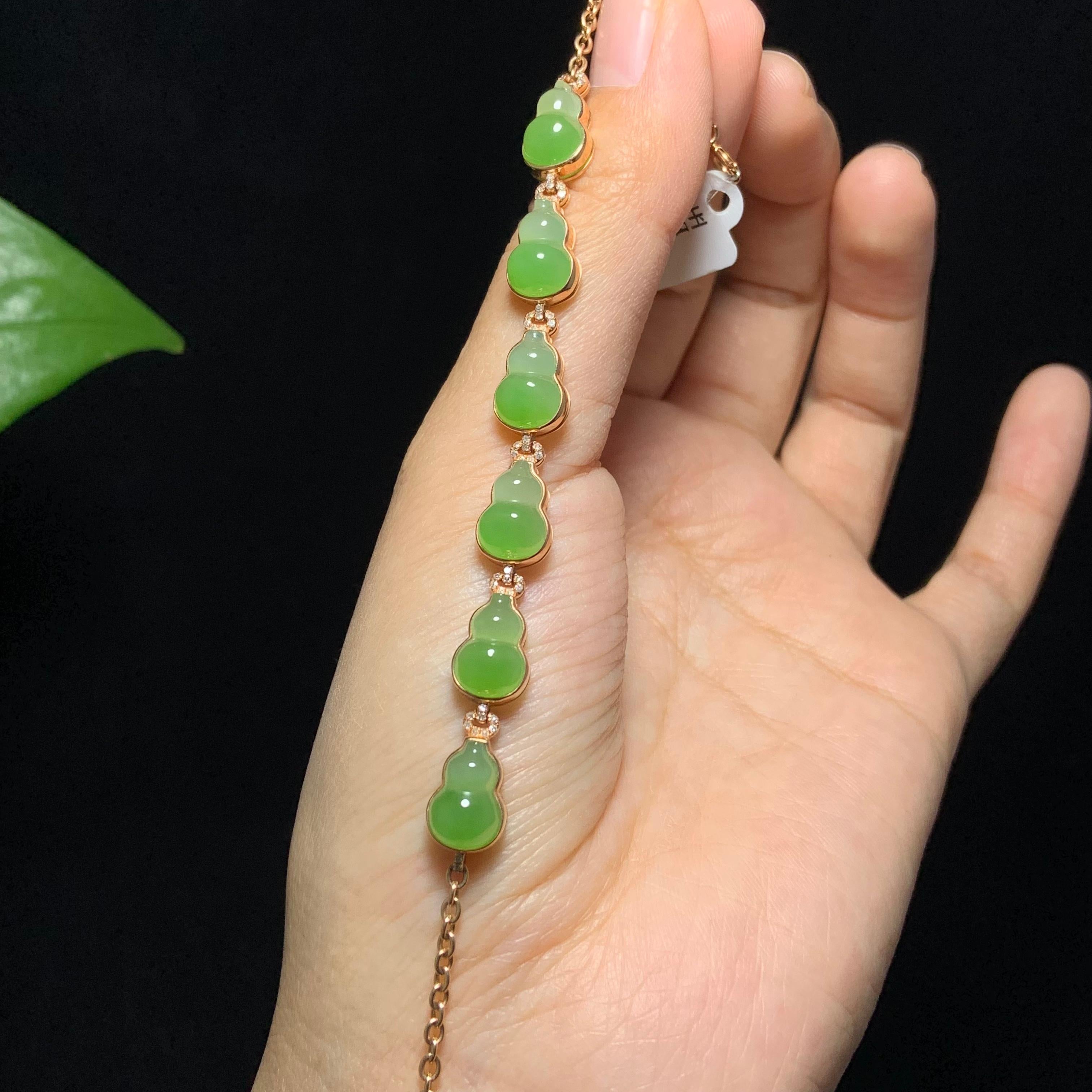 顶级18k金镶嵌碧玉苹果绿渐变色葫芦手链（7.5g）
