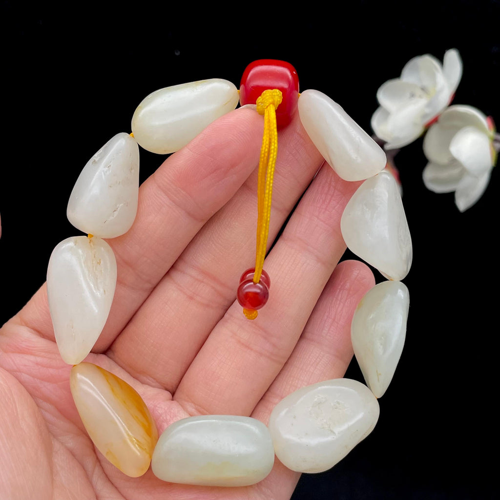和田玉白玉带黄皮籽料【精品手串】（53.2g）