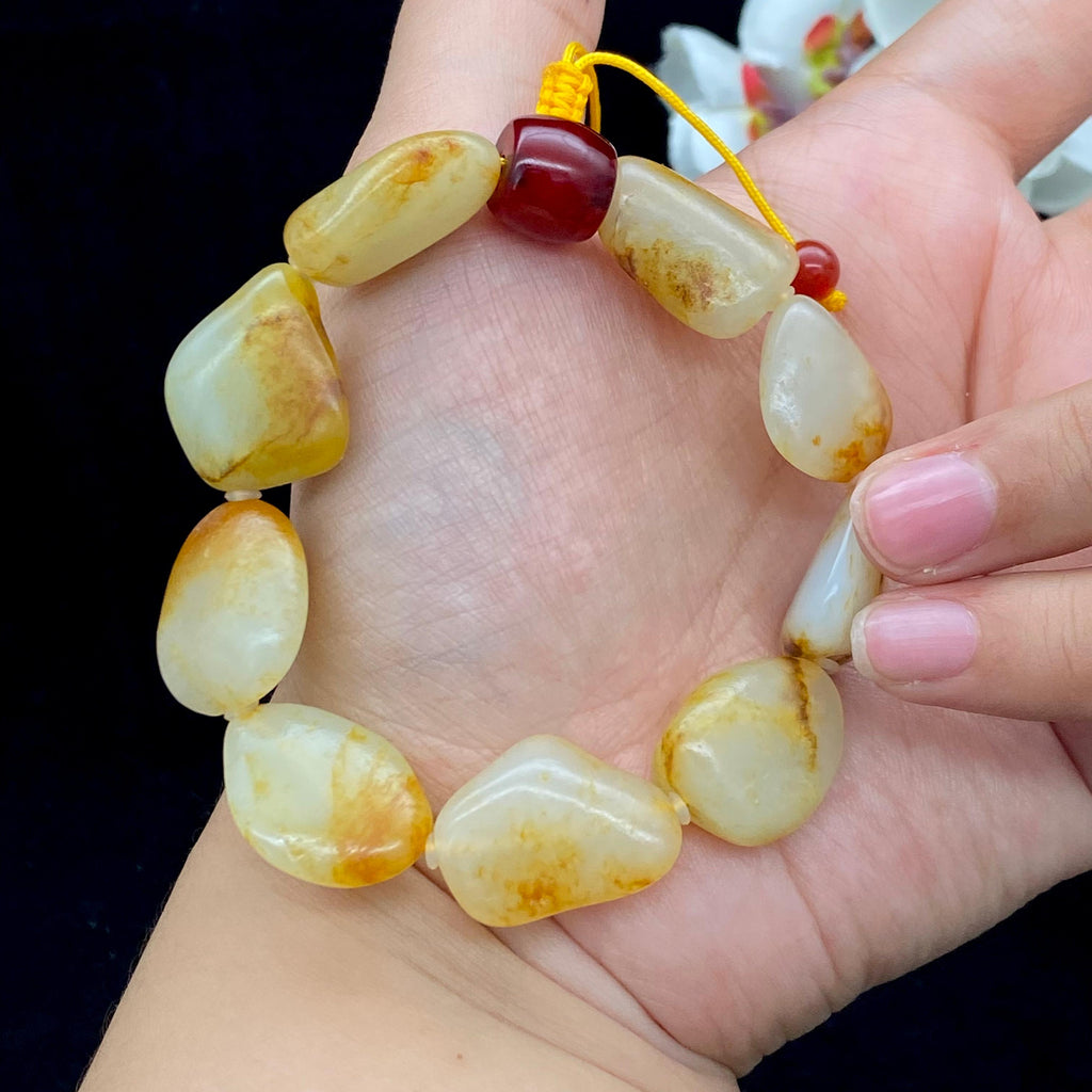 和田玉-聚黄皮带洒金皮【精品手串】（44g）