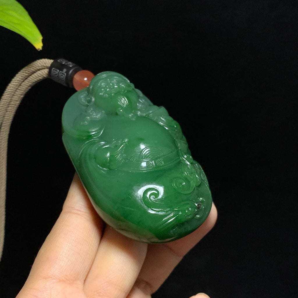 收藏级碧玉7号坑老料粉绿财神手把件（168.0g）