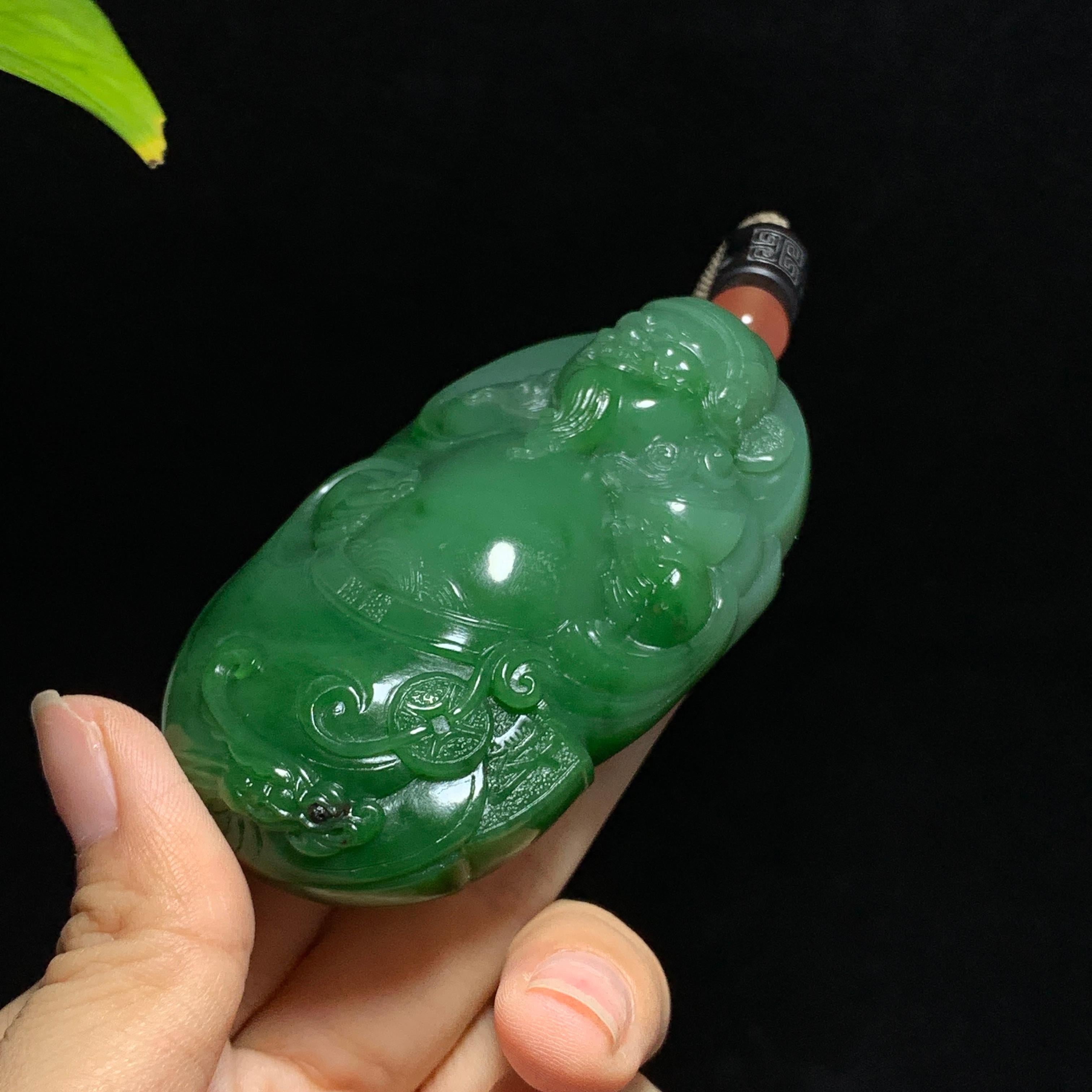 收藏级碧玉7号坑老料粉绿财神手把件（168.0g）