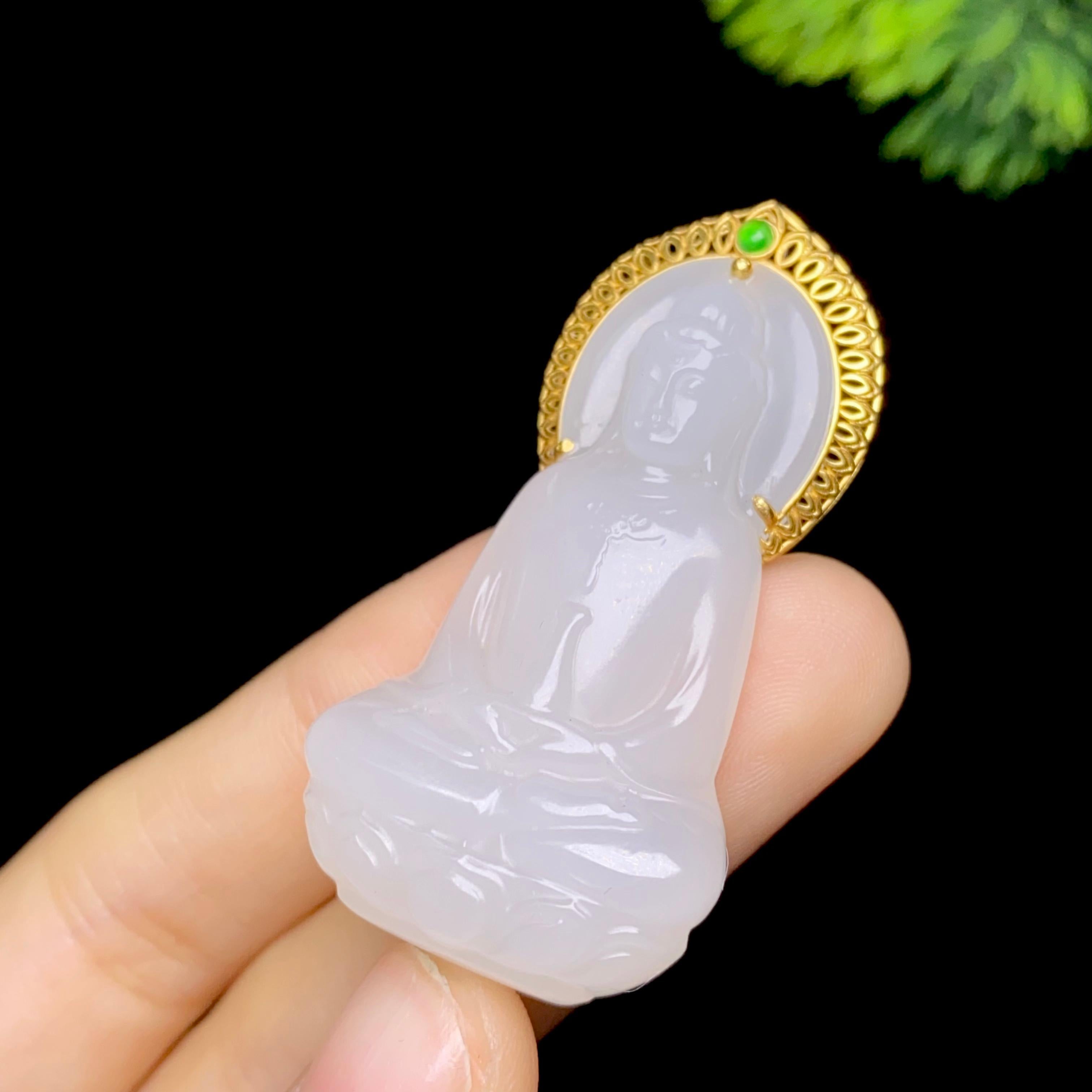 秒杀和田玉18k金白玉观音挂件2603090051（14.5g）