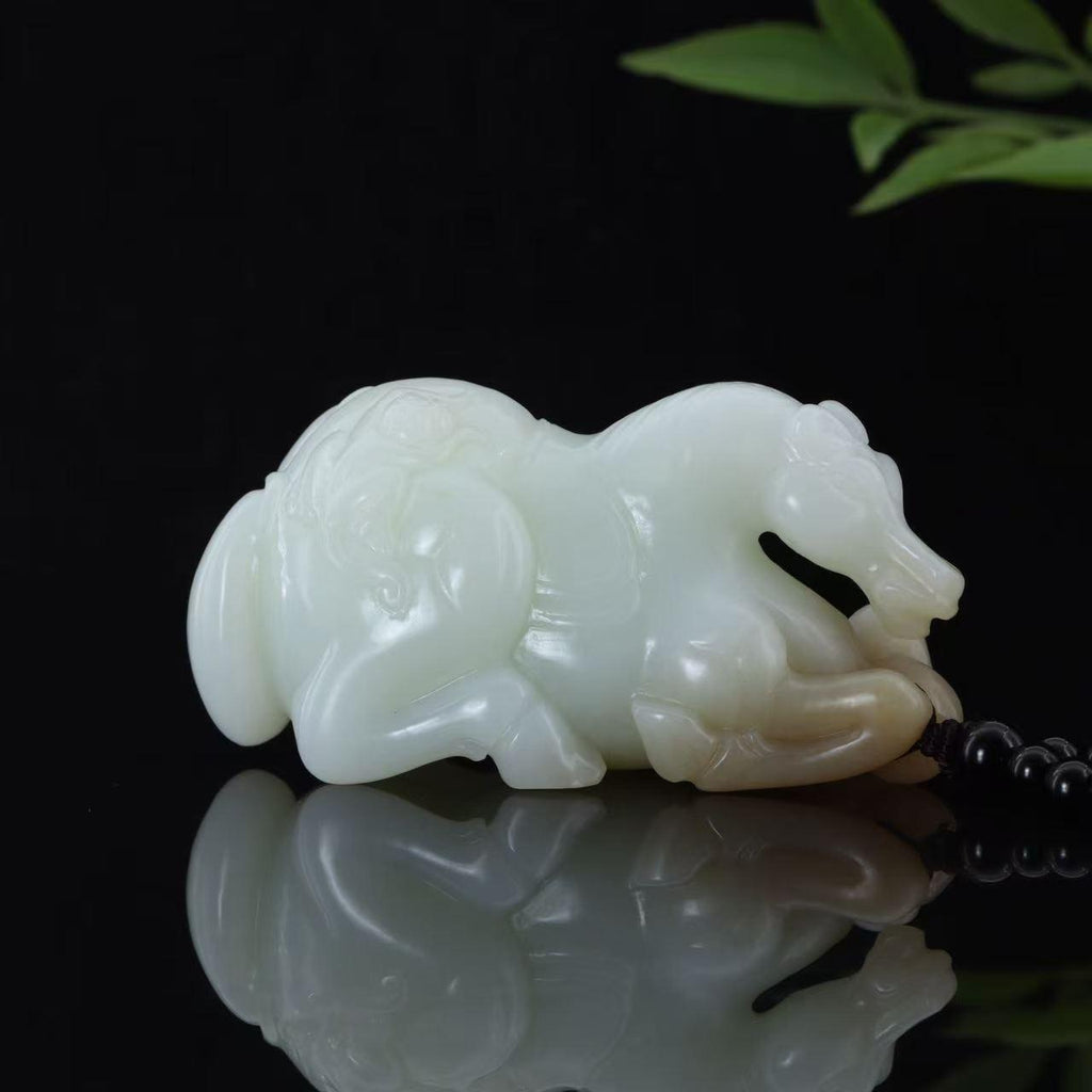 和田玉糖白【马到成功】手把件（168.7g）