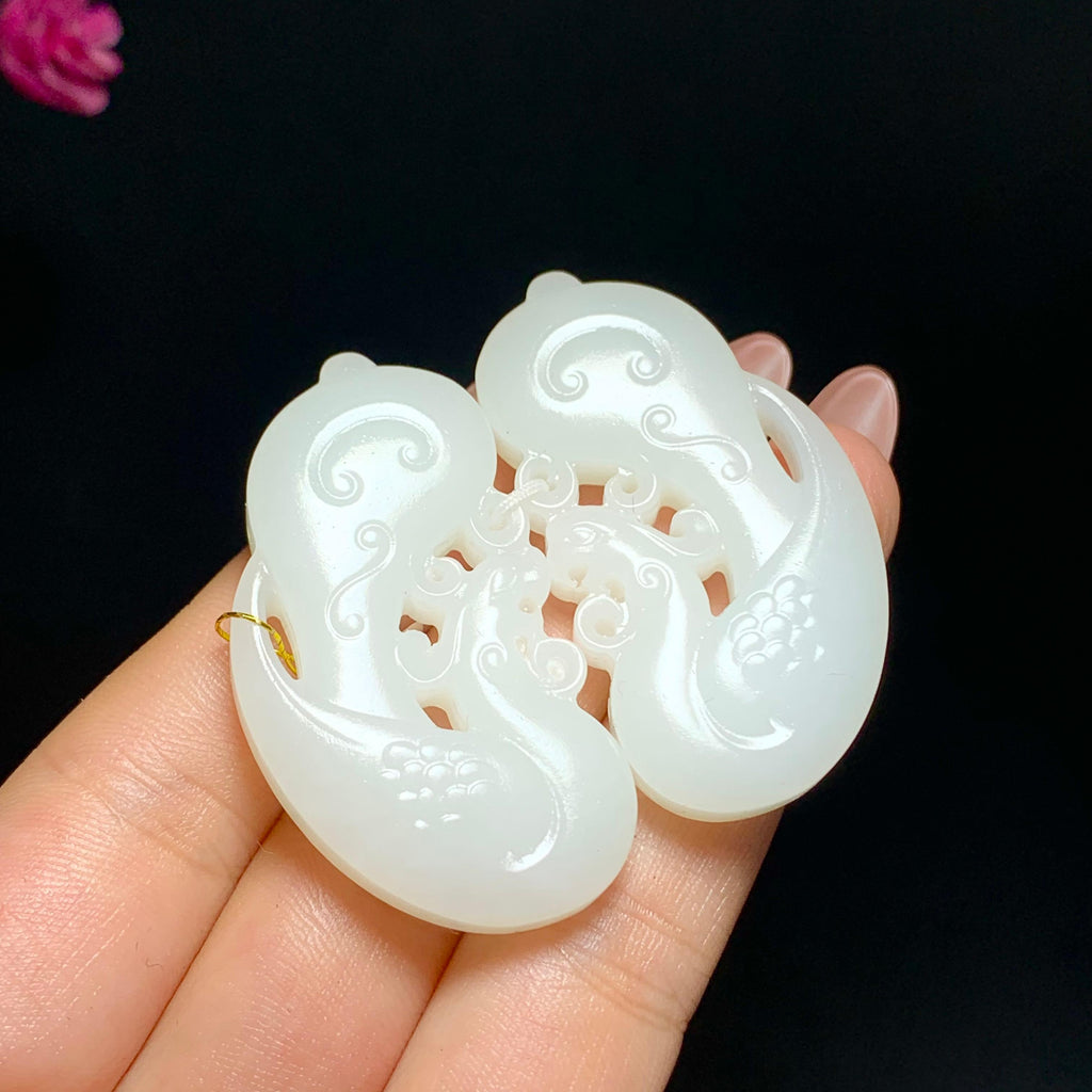 和田白玉山料龙凤对牌（g）
