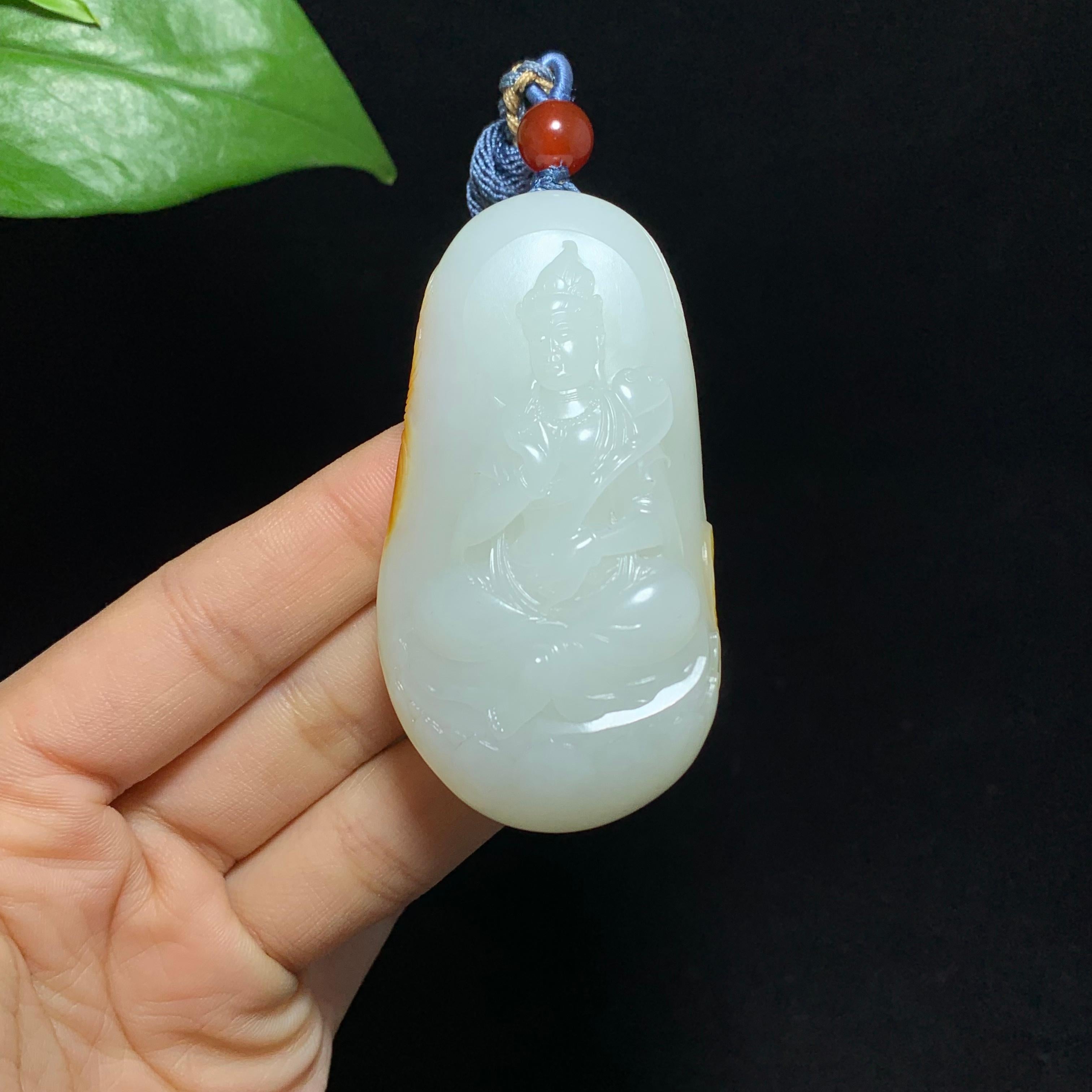 传承级和田籽料洒金皮白玉观音挂件（77.0g）