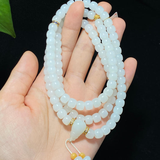 精品和田白玉108颗直切项链