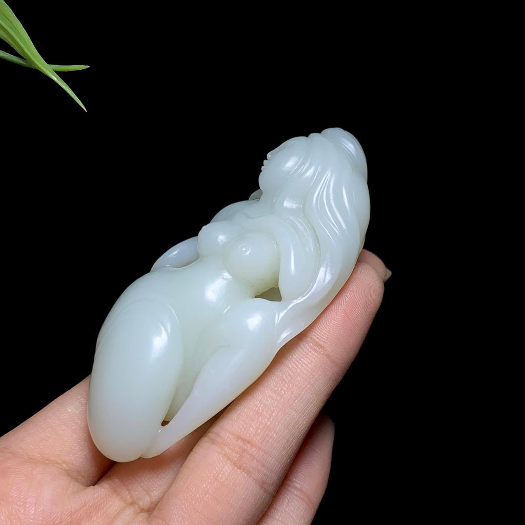 和田羊脂白玉玉贵人手把件（74.6g）