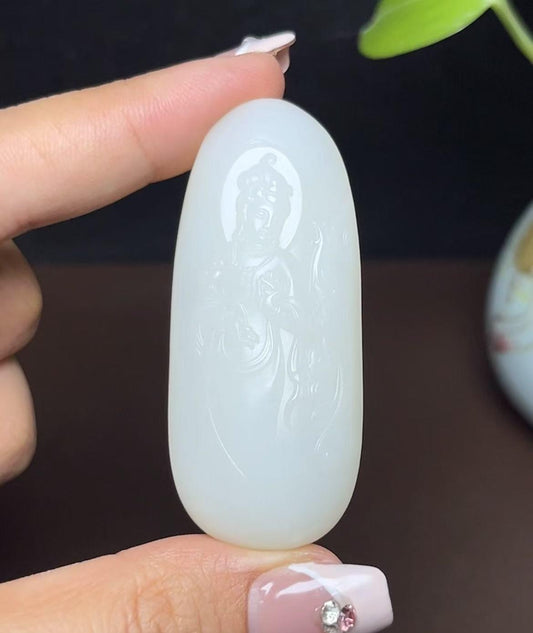 新疆和田玉且末料羊脂玉凤凰观音（31.7g）