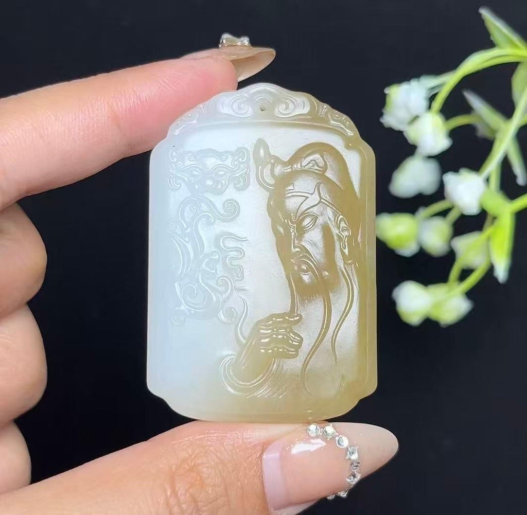 和田玉糖白羊脂白玉武财神关公山水牌（47.2g）