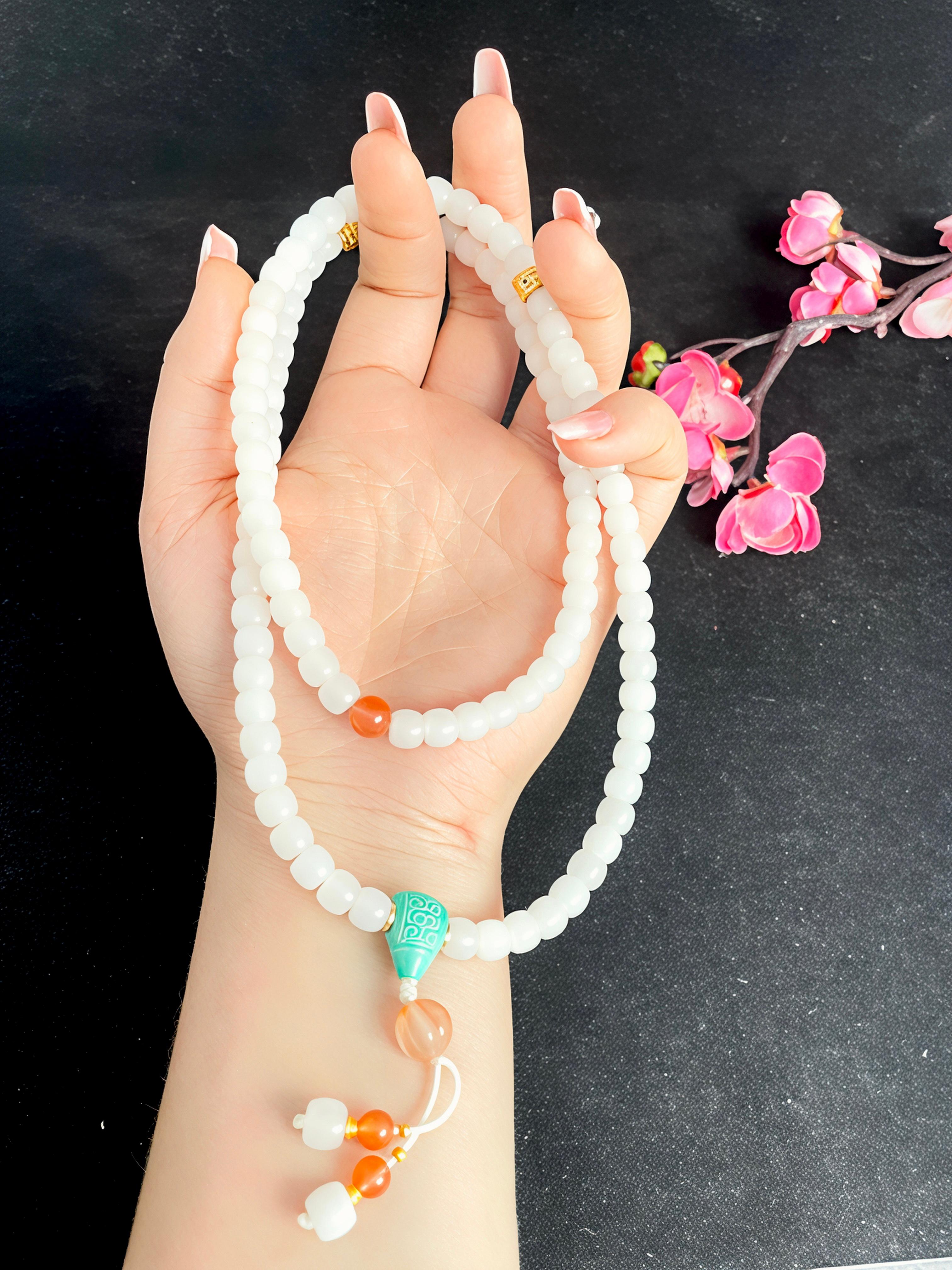 和田玉羊脂白玉老型珠108粒项链（64.9g）