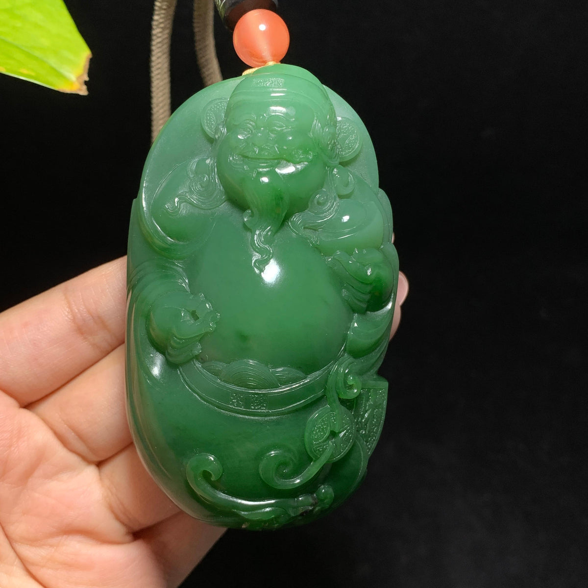 收藏级碧玉7号坑老料粉绿财神手把件（166.6g）