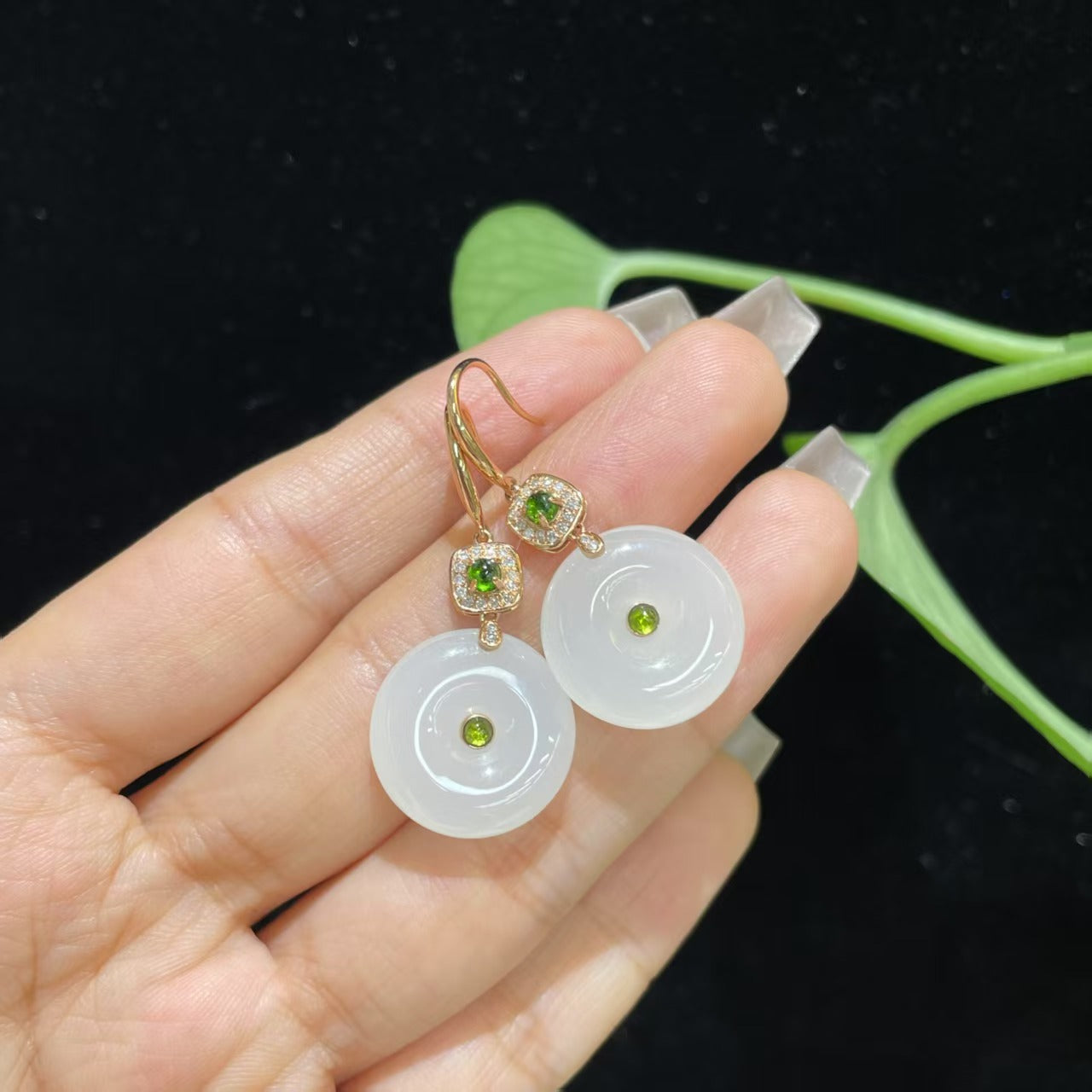 和田玉白玉18k金平安扣耳坠