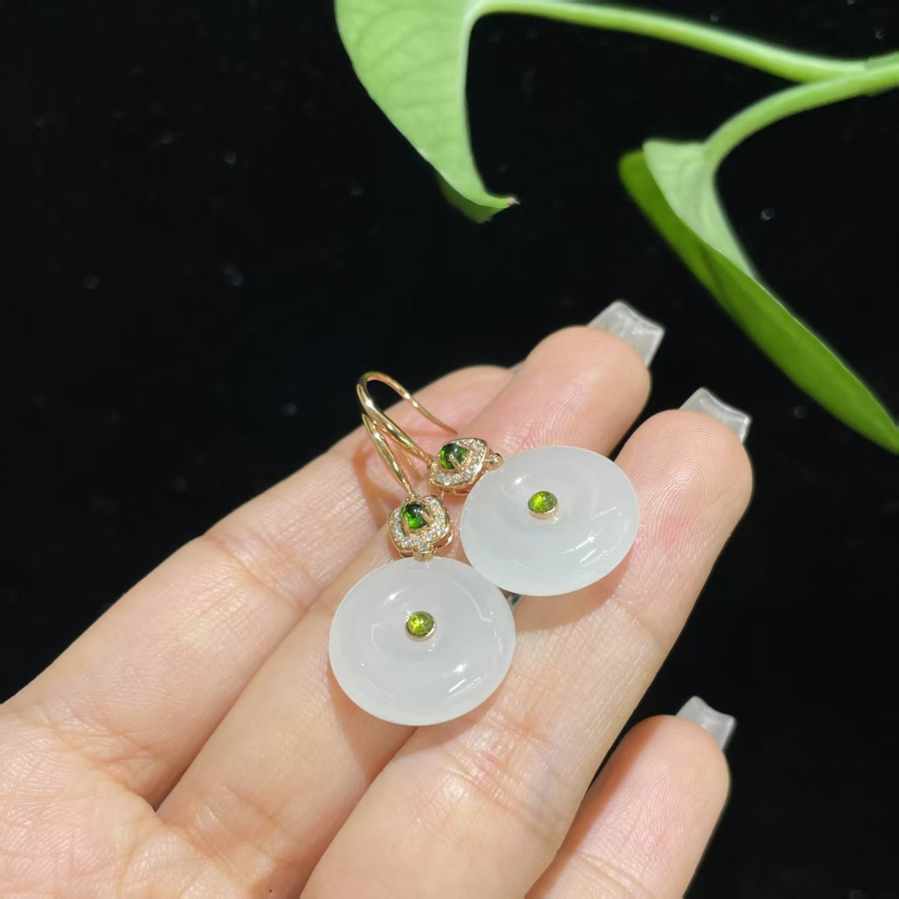 和田玉白玉18k金平安扣耳坠