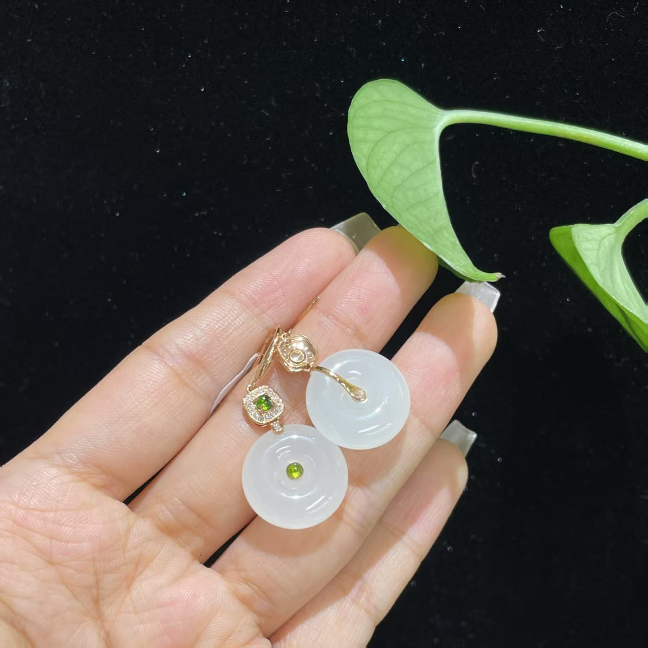 和田玉白玉18k金平安扣耳坠