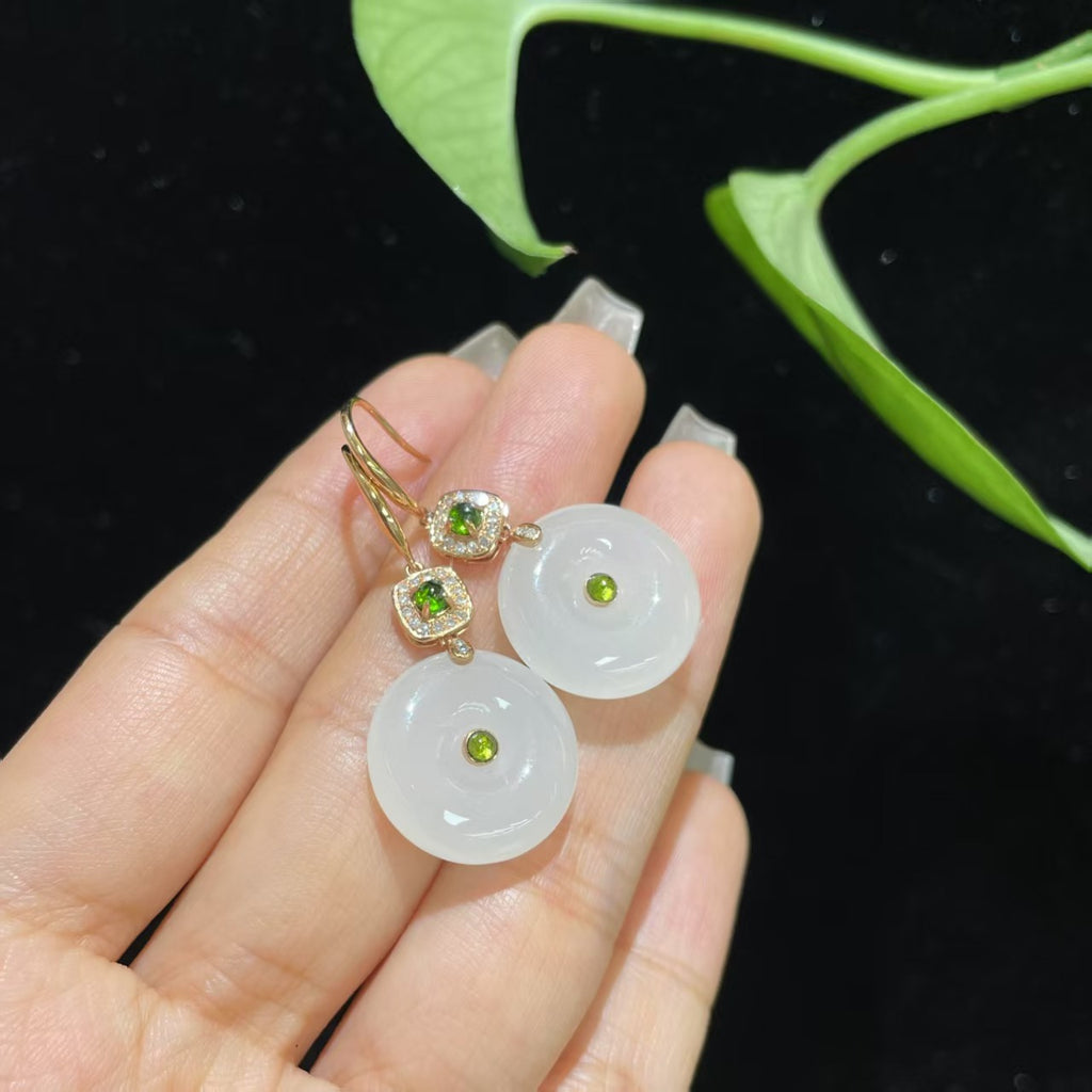 和田玉白玉18k金平安扣耳坠